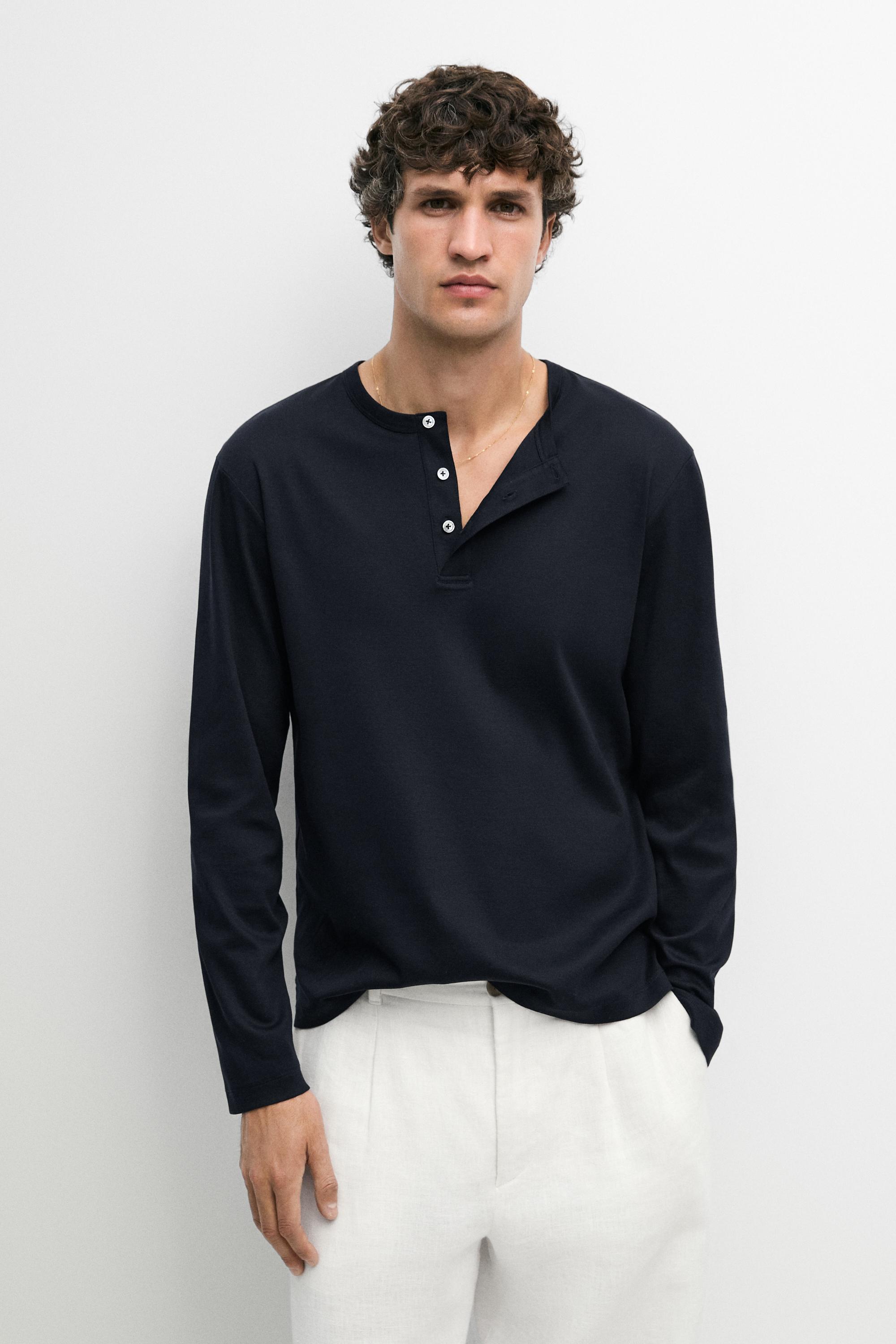 100% cotton long sleeve henley T-shirt — NAVY BLUE
