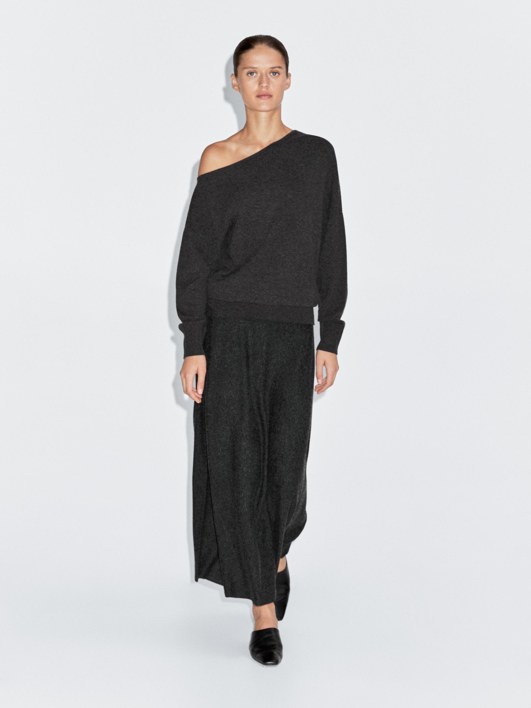 Wool blend asymmetric neck sweater