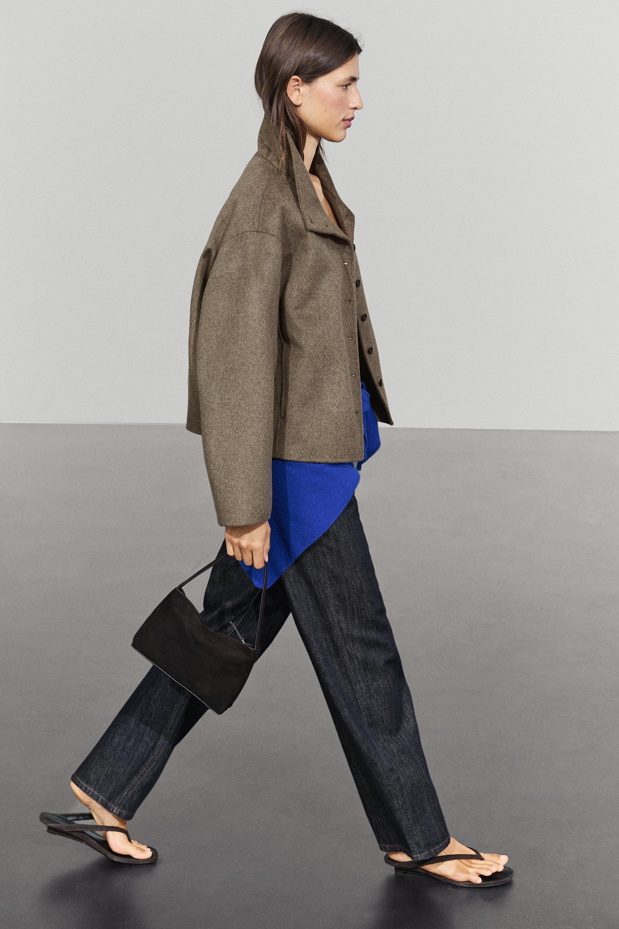 Wool blend stand collar jacket — BROWN