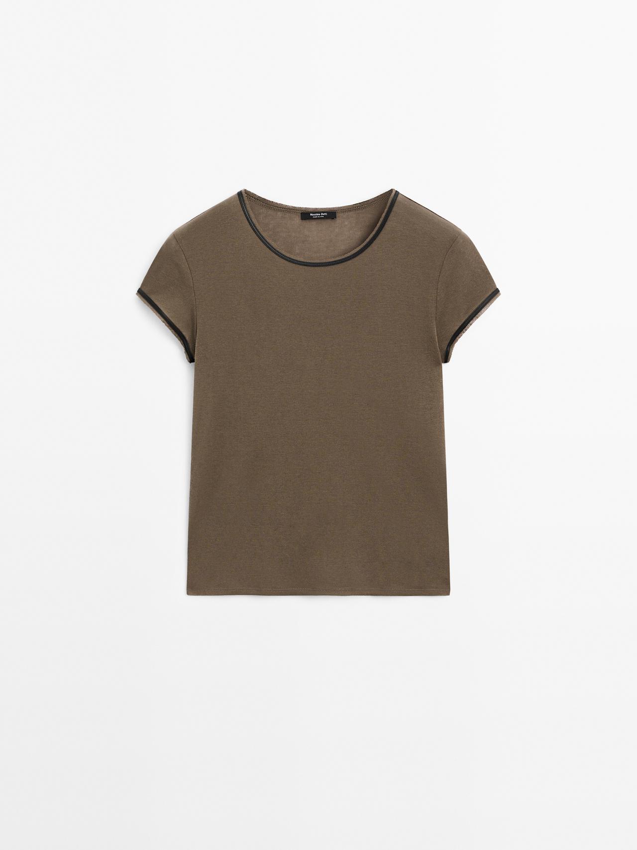 Massimo Dutti - Dame - T-Shirt Med Kontrasterende Læderkanter - Brun - Xs