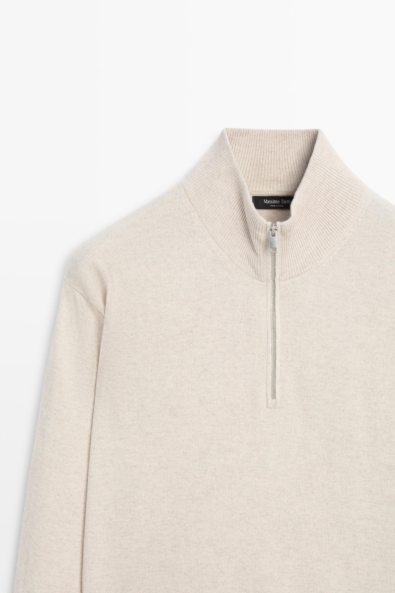 Mock neck knit sweater with zip — STONE