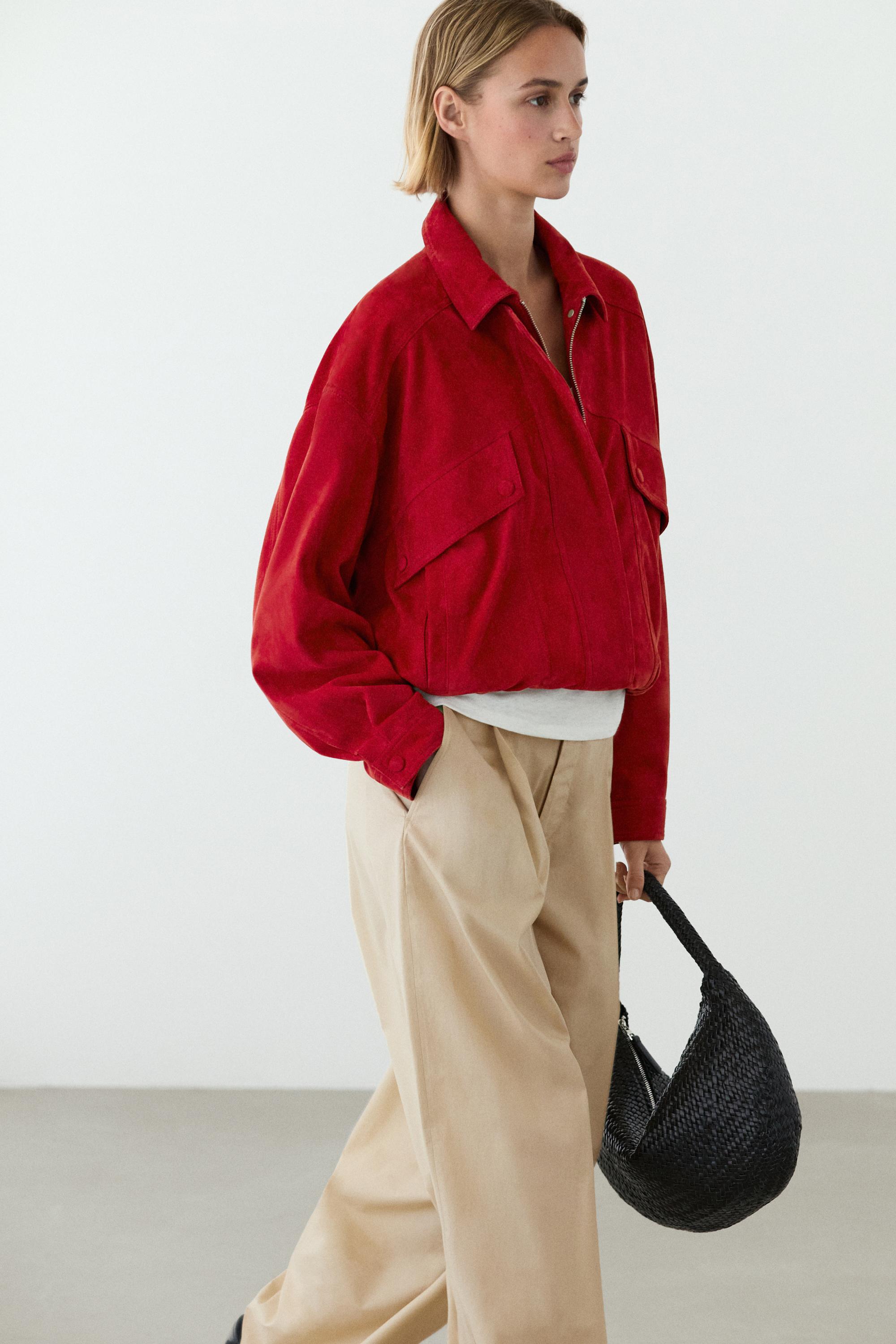 Suede leather bomber jacket with pocket details — RED