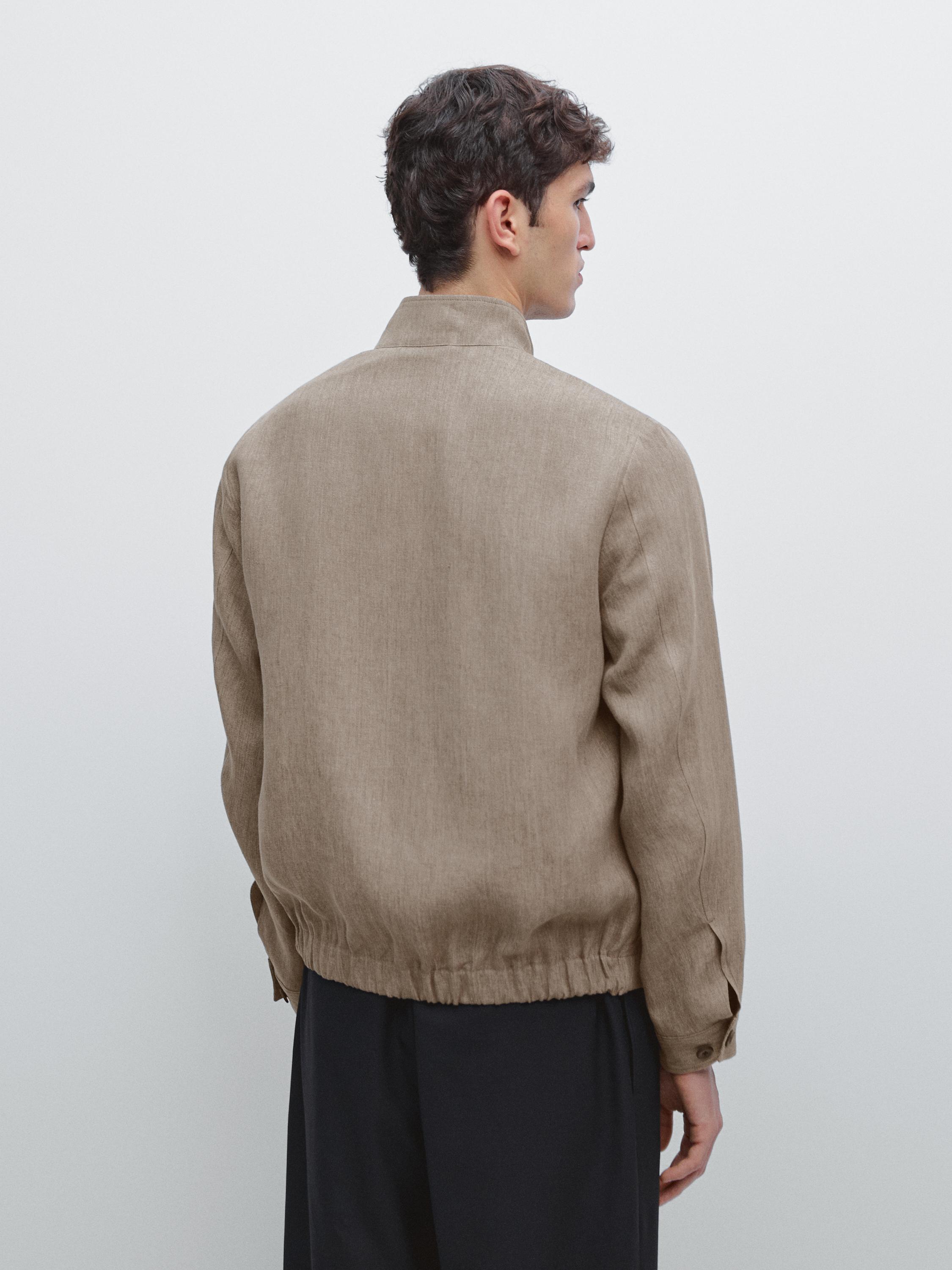 Faded total look linen bomber jacket — BROWN
