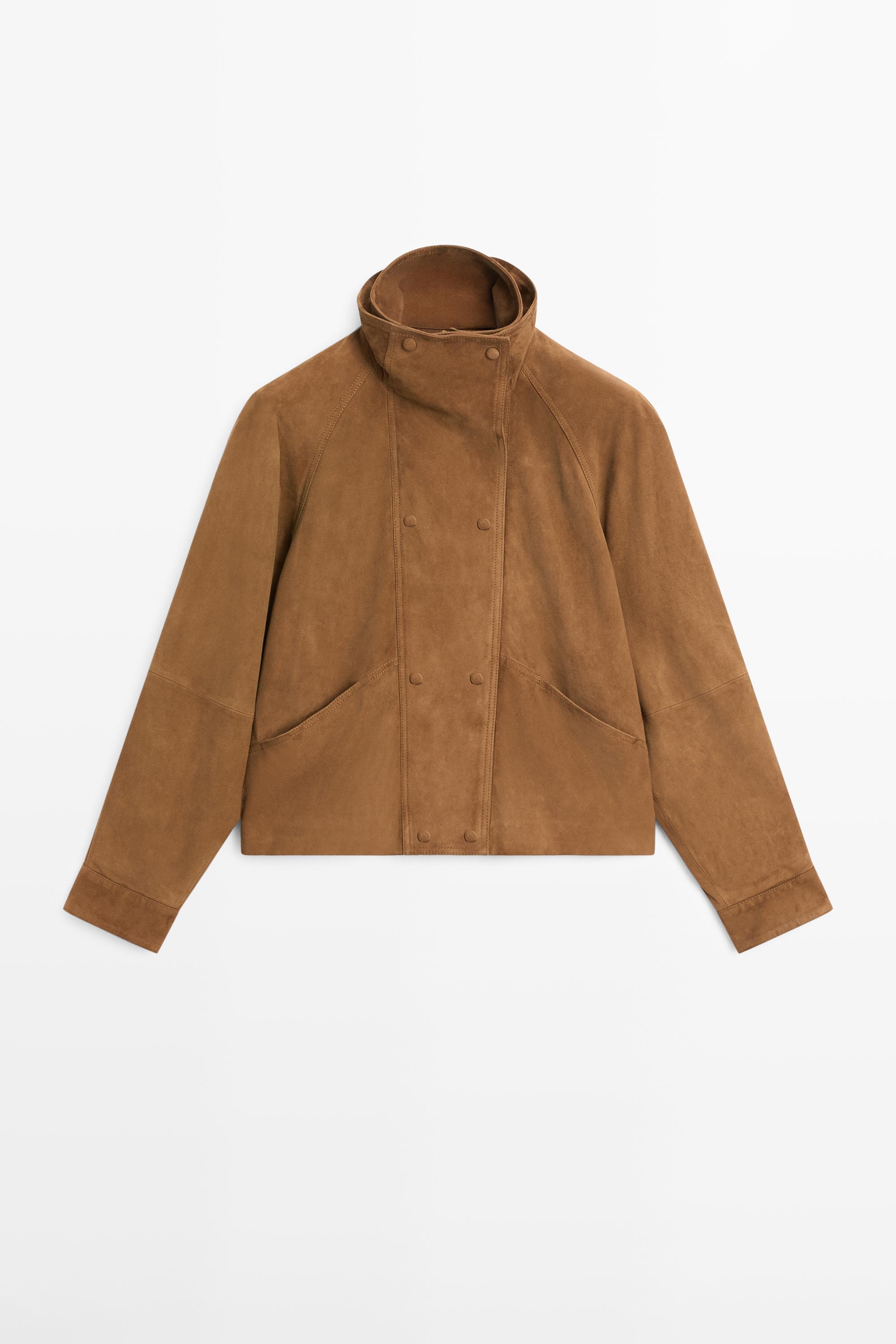 Blouson boutons fantaisie en cuir finition daim