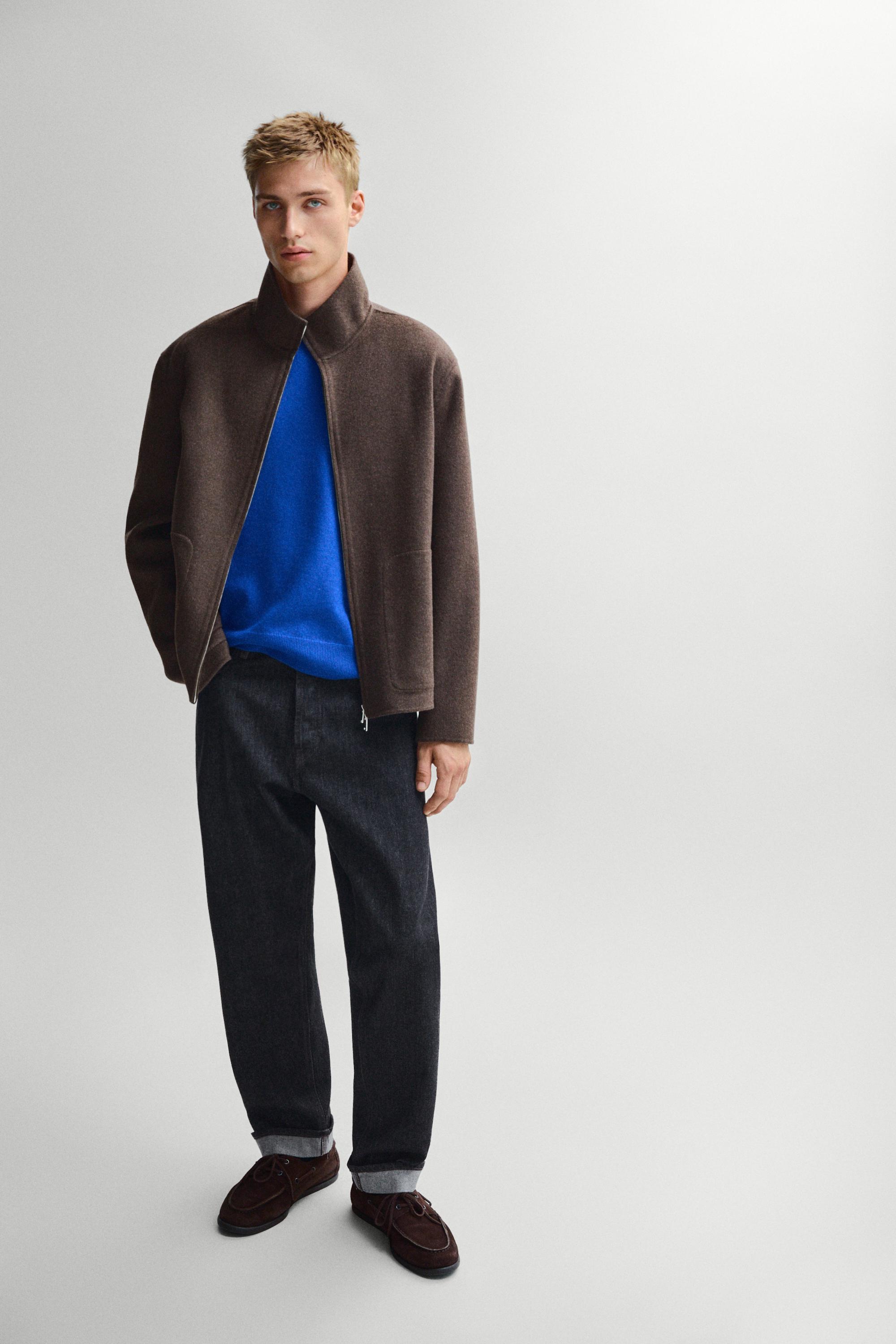 Wool blend double-fabric jacket with stand collar — BROWN