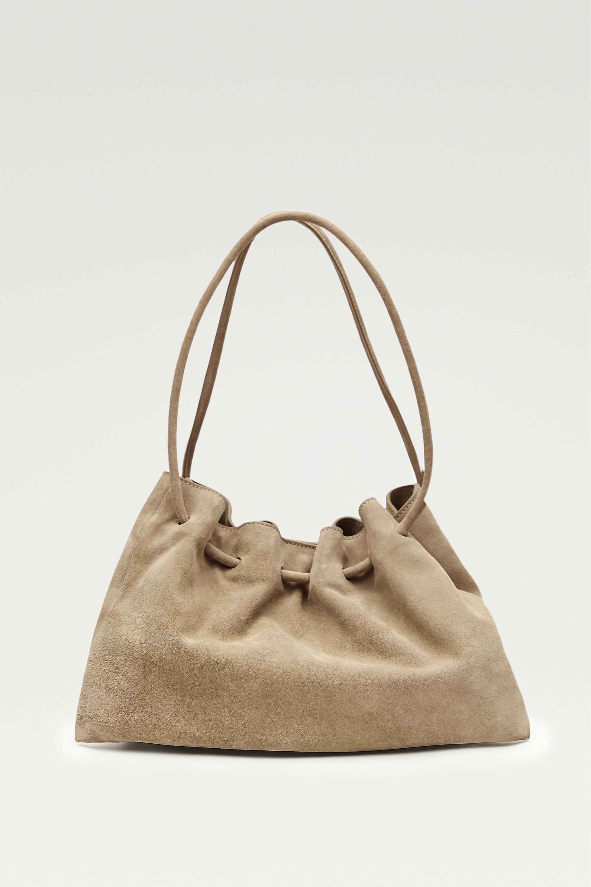 Ruched split suede leather bag — Ecru