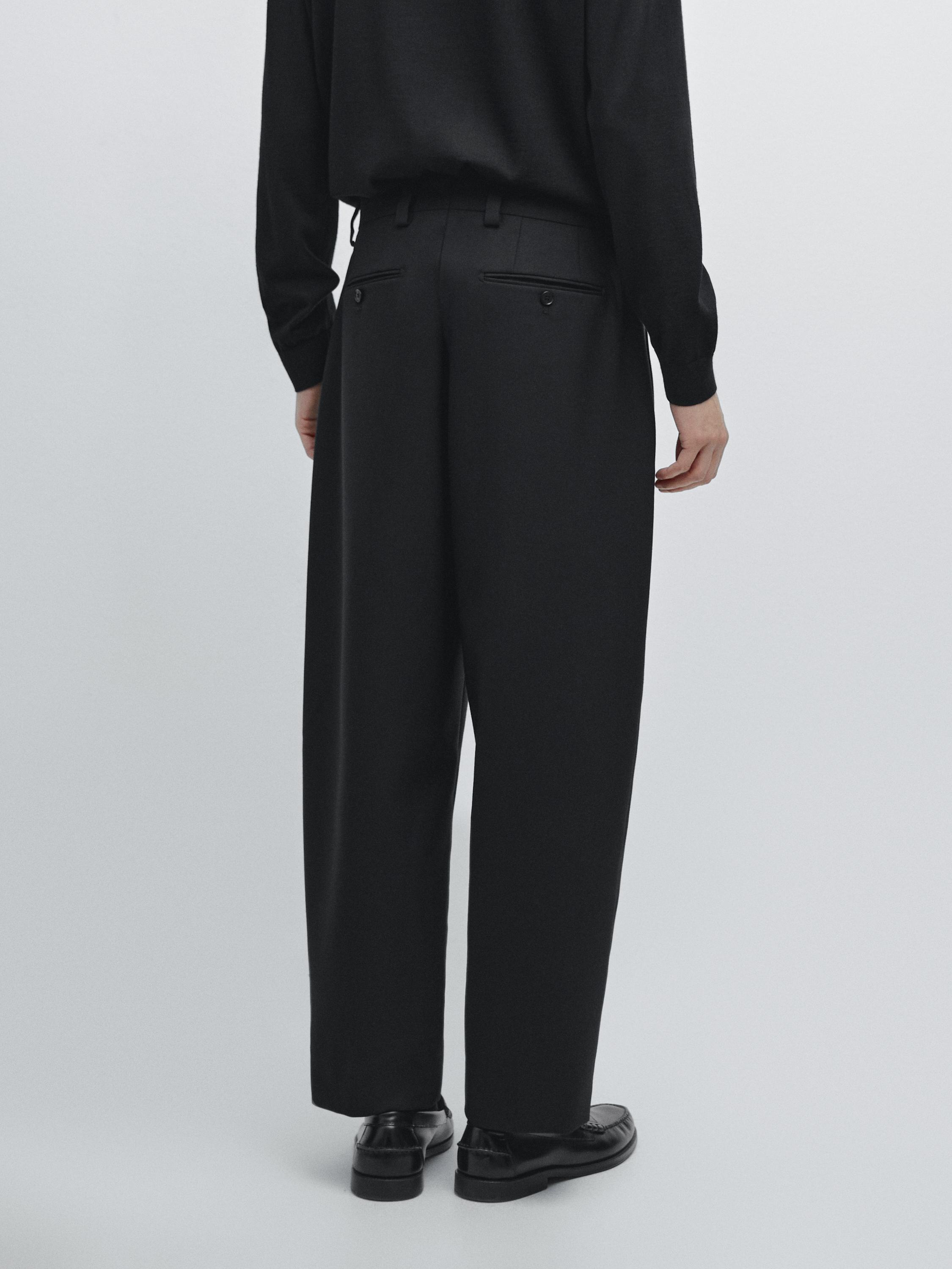 Tailored three-ply wool barrel fit trousers — BLACK