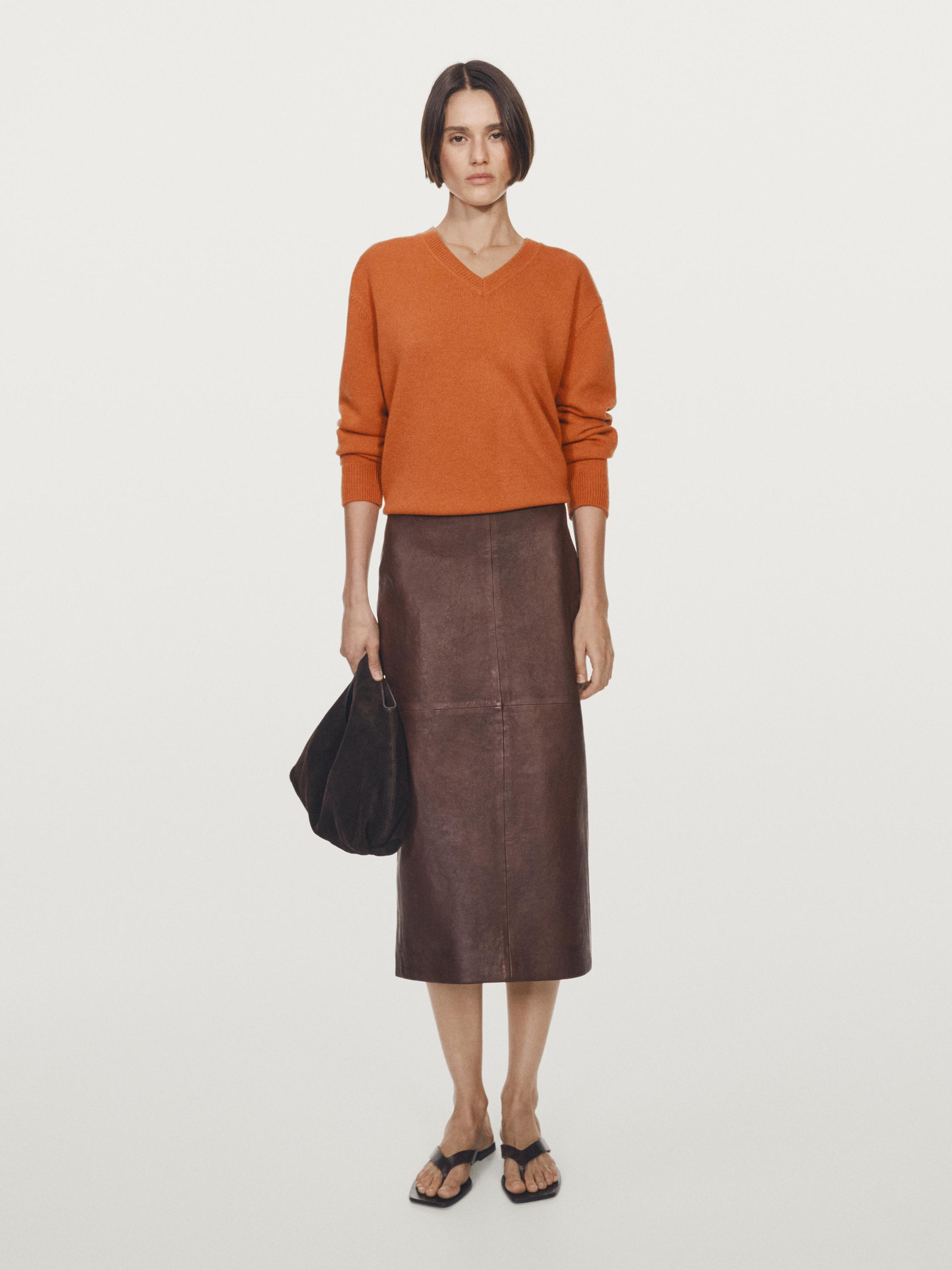 Straight nappa leather midi skirt