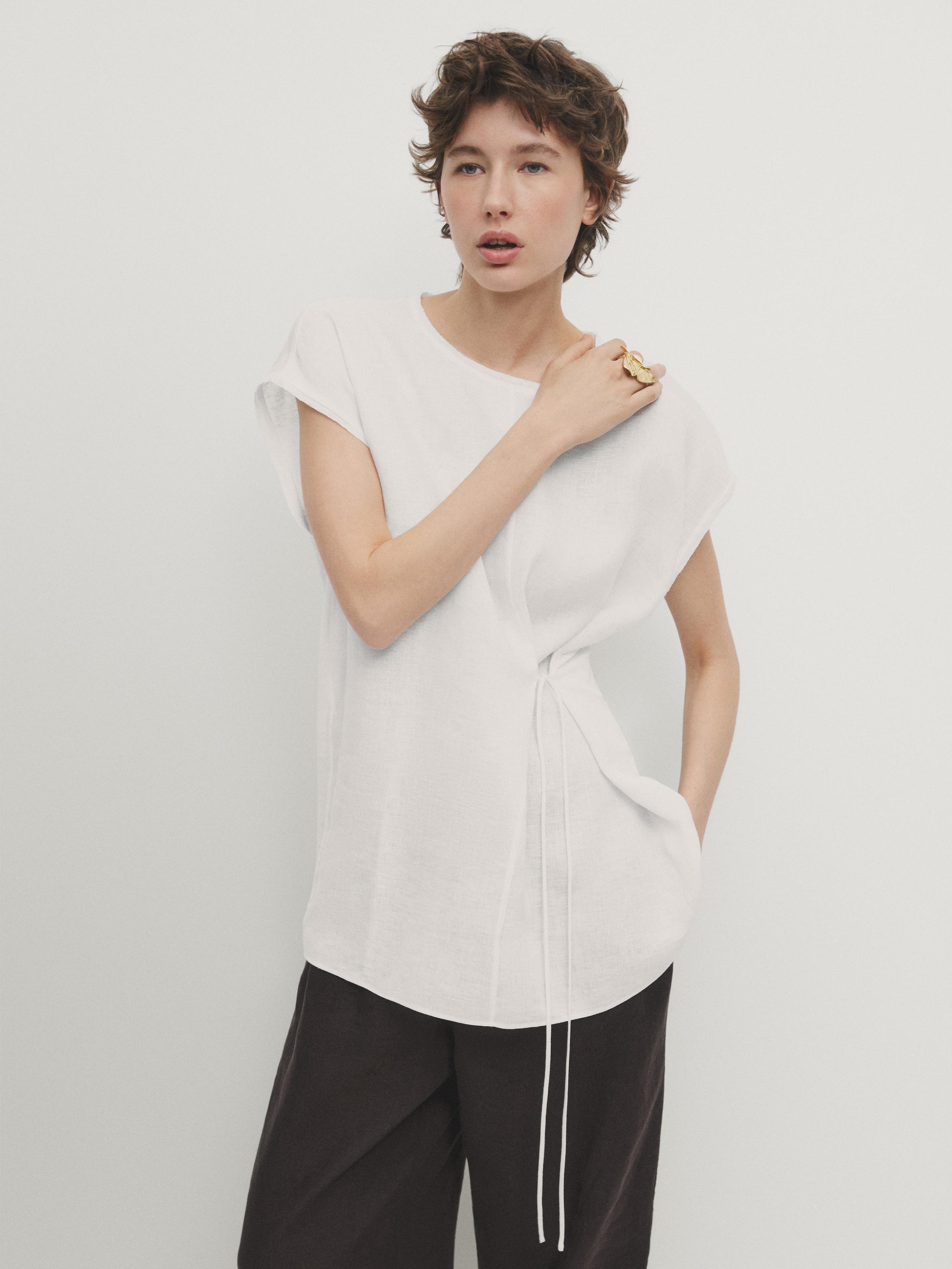 T-shirt à manches tombantes avec cordons 100&nbsp;% lin