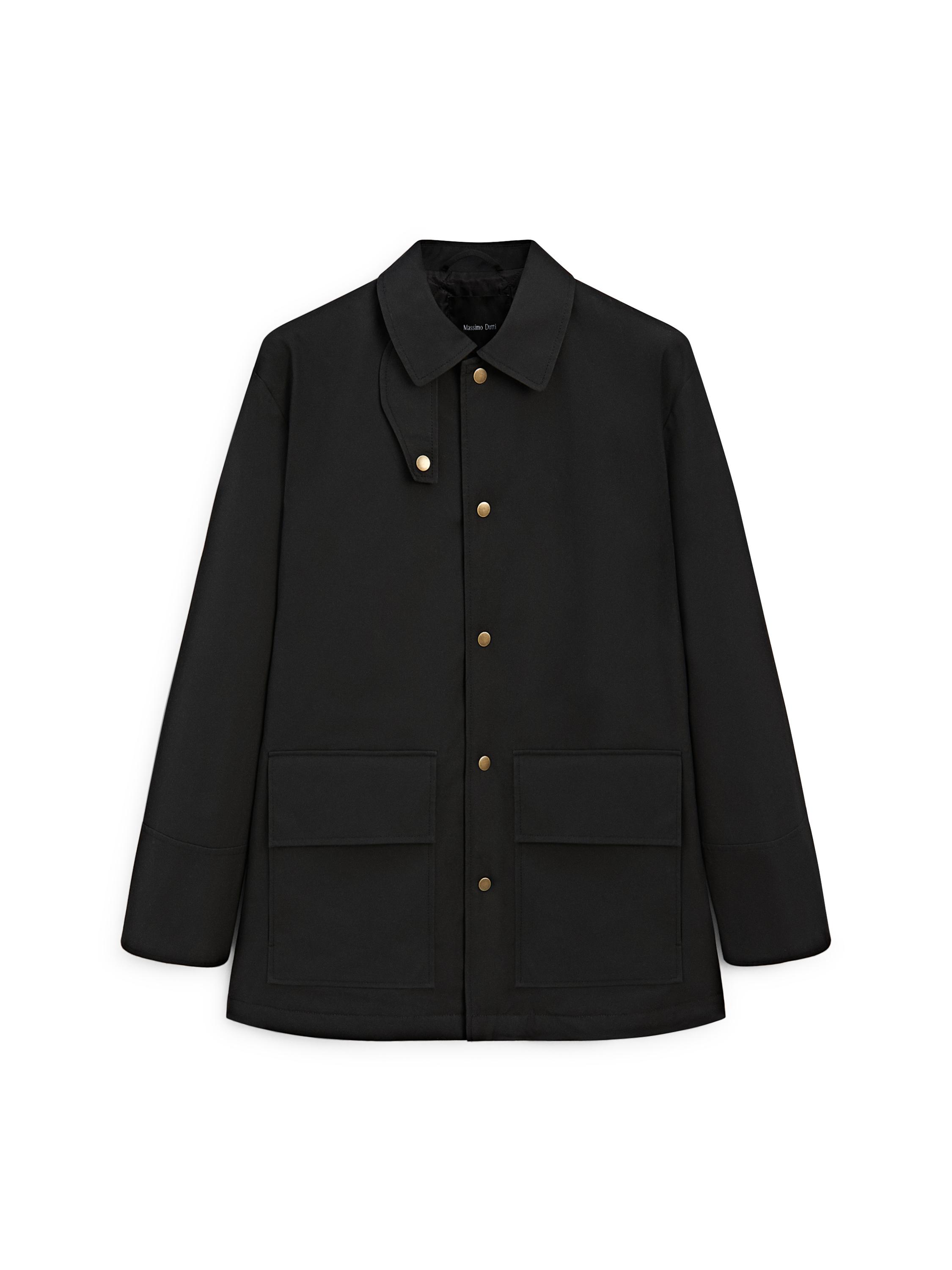 Long cotton parka with collar detail — BLACK
