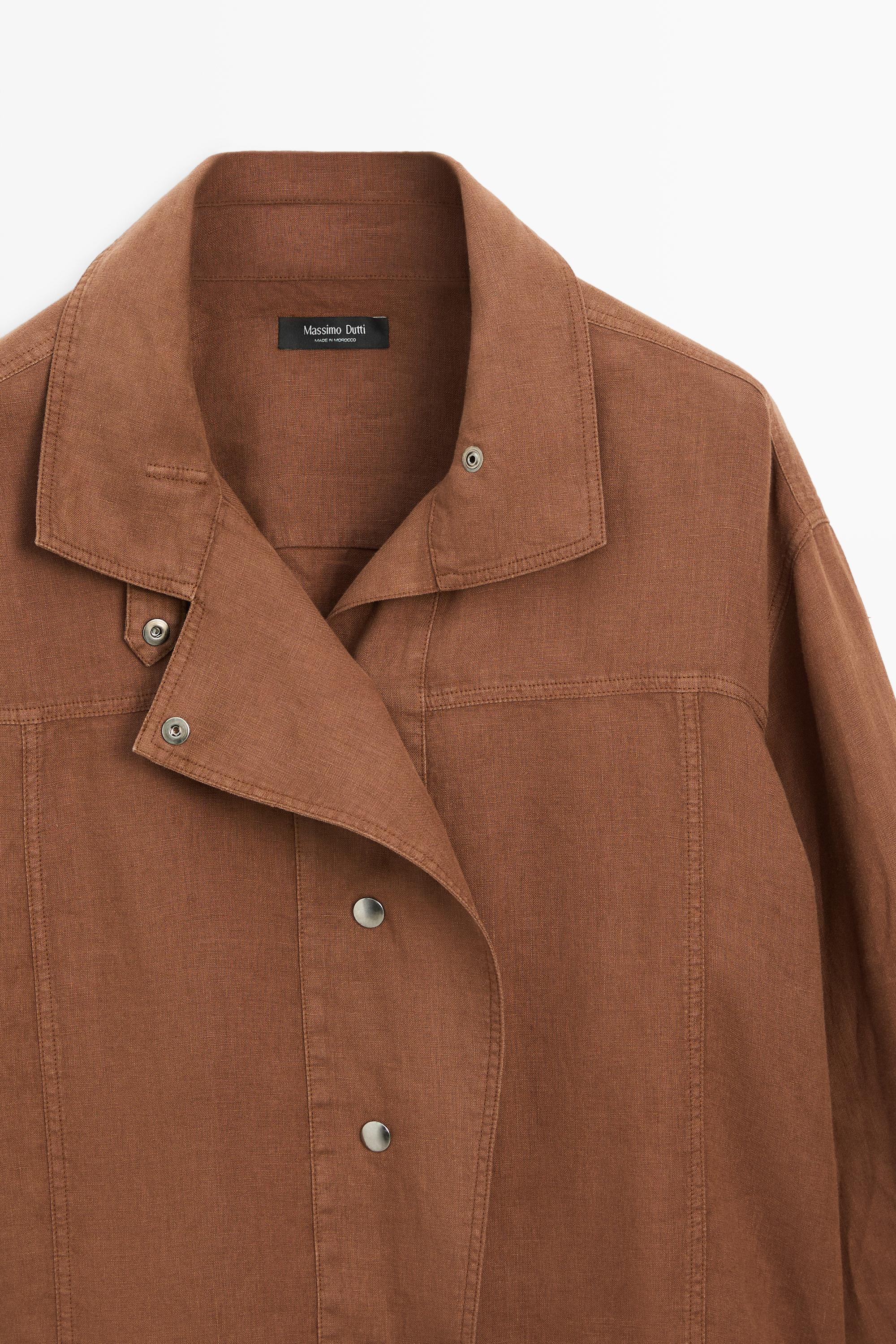 100% linen snap-button shirt — BROWN