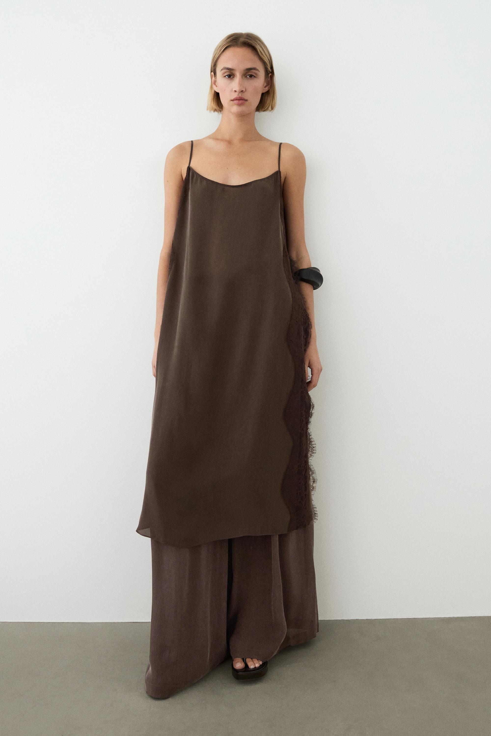 Total look camisole dress with lace detail — Chocolate