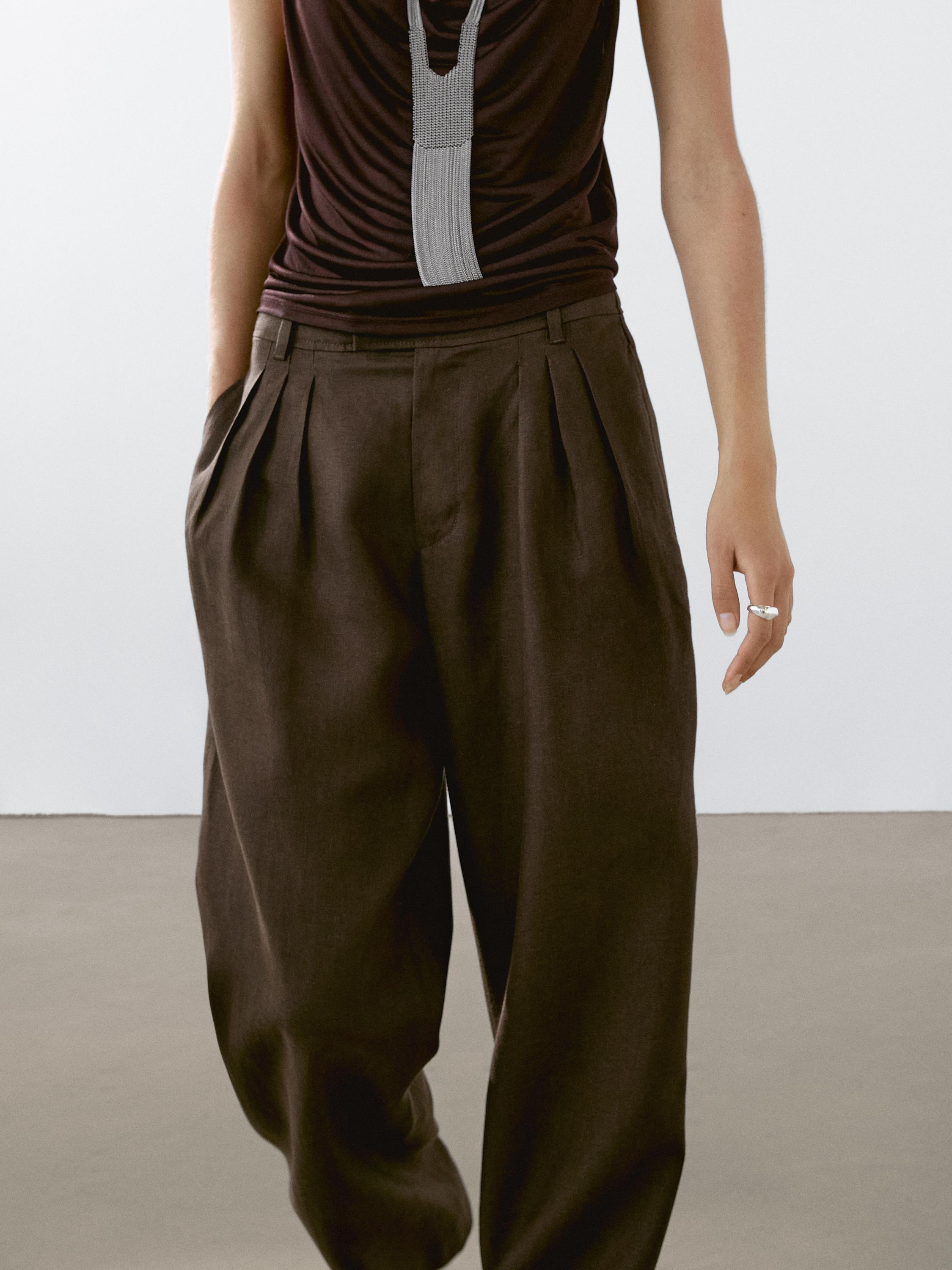 100% linen triple darted trousers