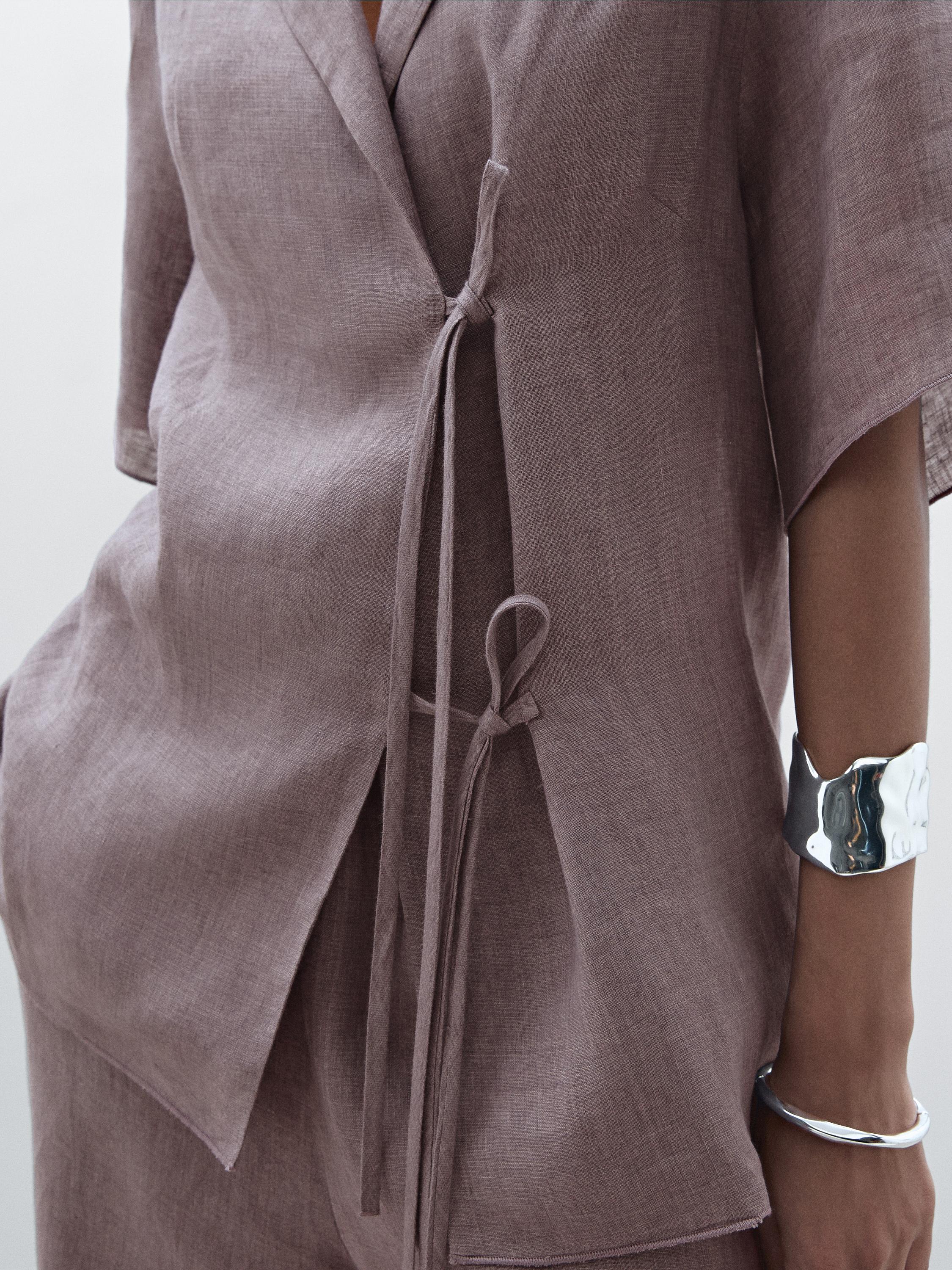 Short sleeve linen shirt with tie detail