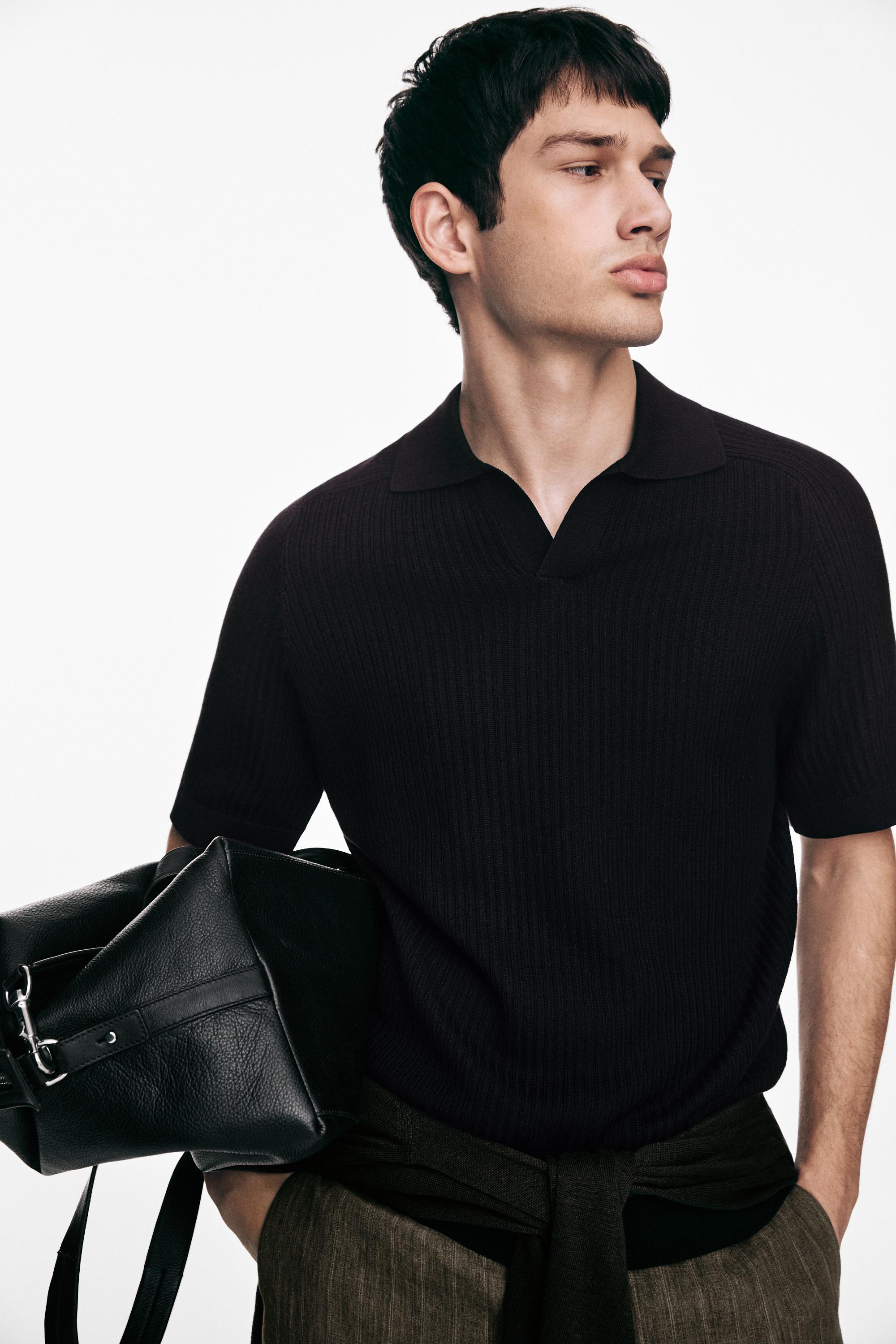 Ribbed knit cotton polo sweater — NAVY BLUE