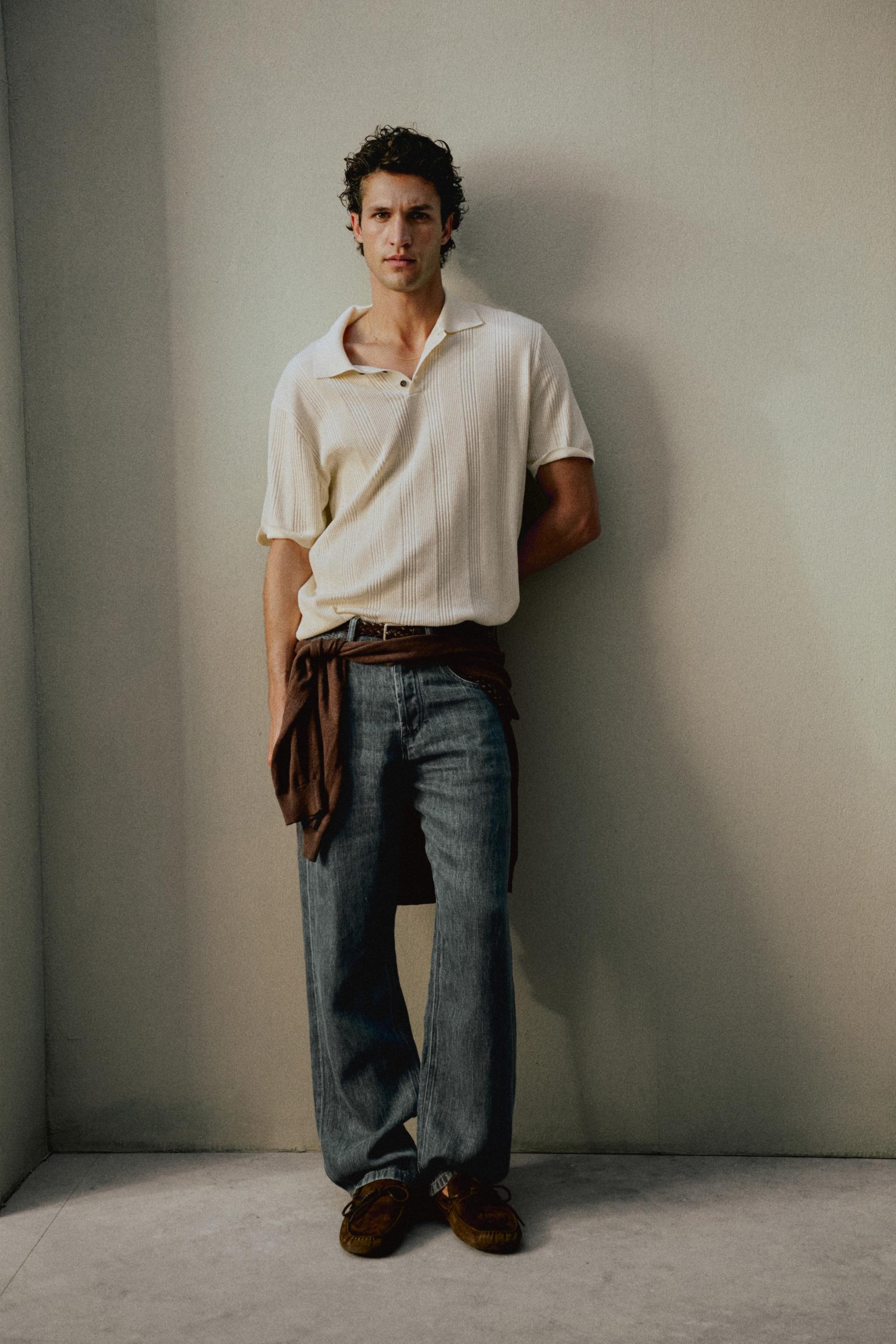 100% cotton textured striped knit polo shirt — CREAM