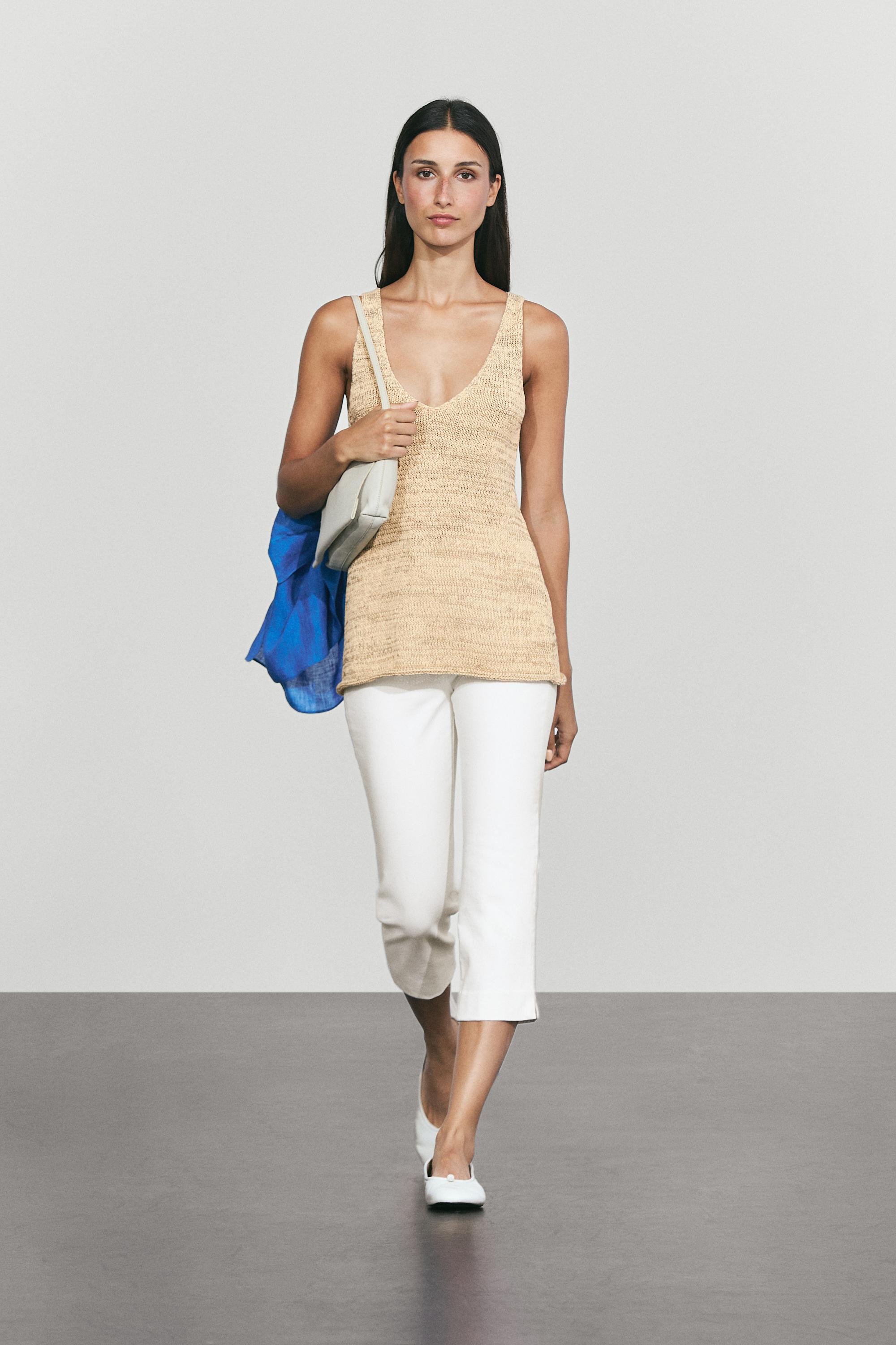 Melange cotton blend knit top — Beige