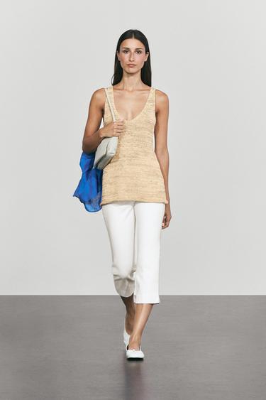 Melange cotton blend knit top — Beige 1
