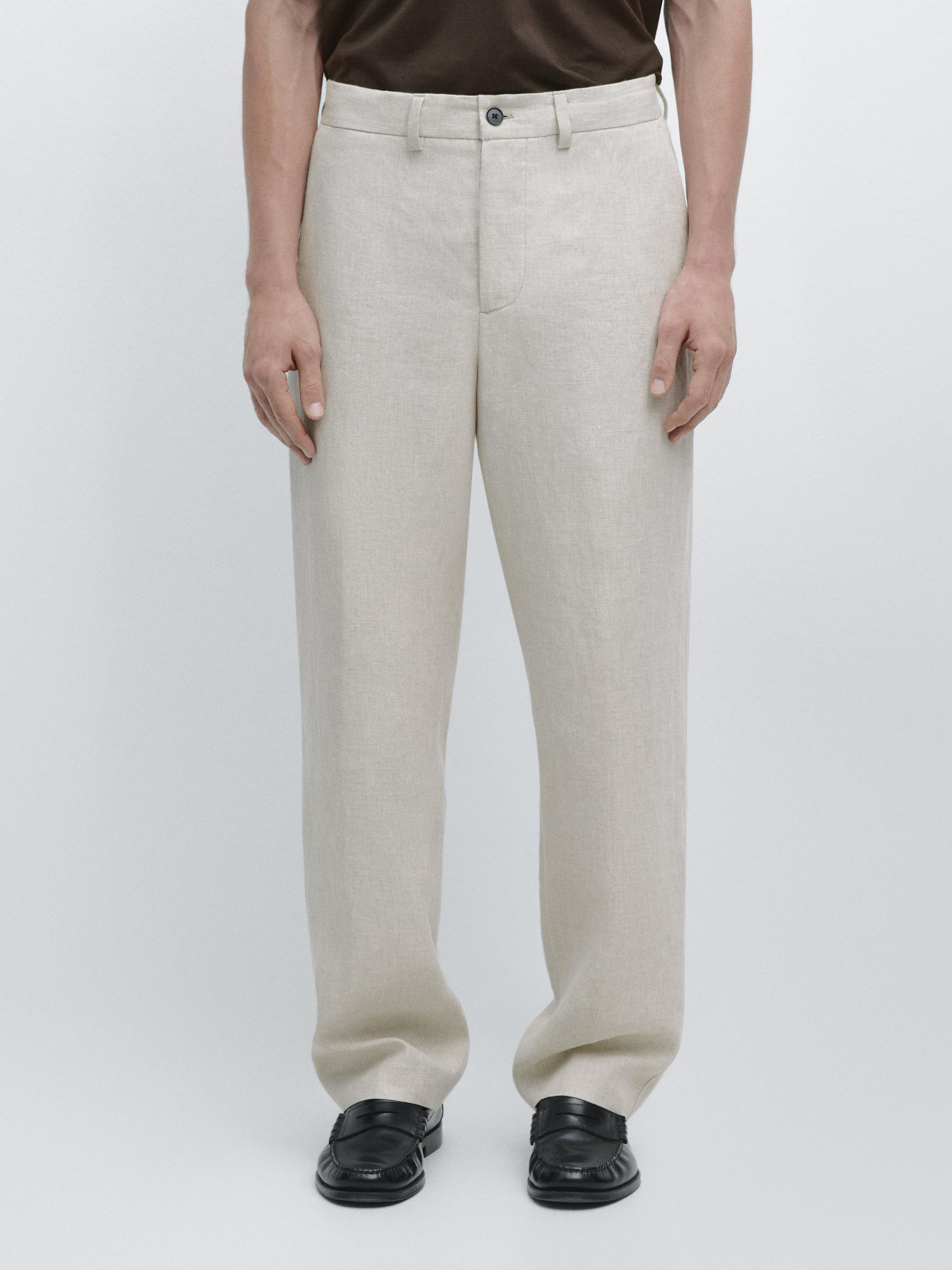 Lightweight linen trousers with herringbone detail — BEIGE
