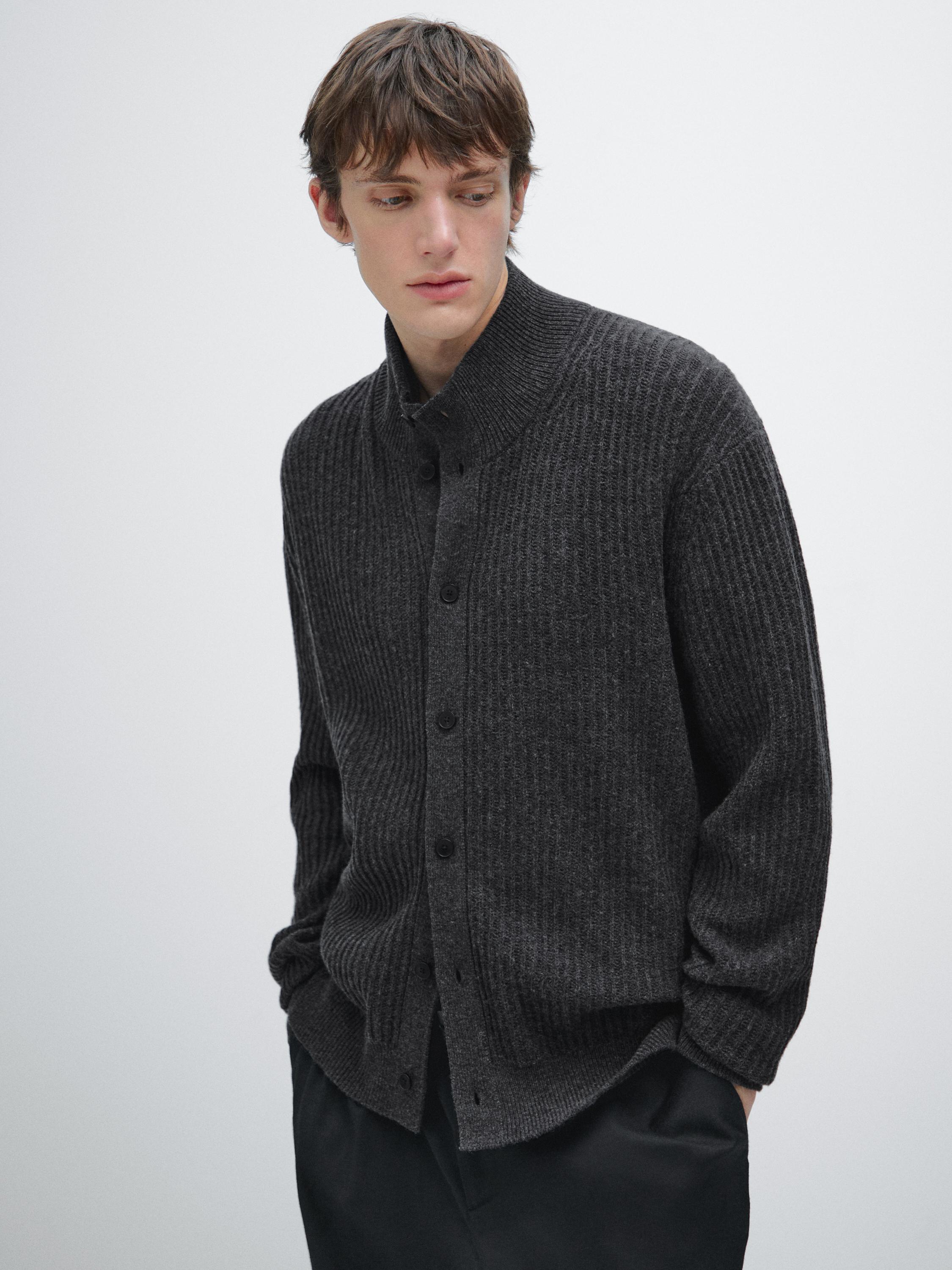 Cotton blend knit cardigan with high neck