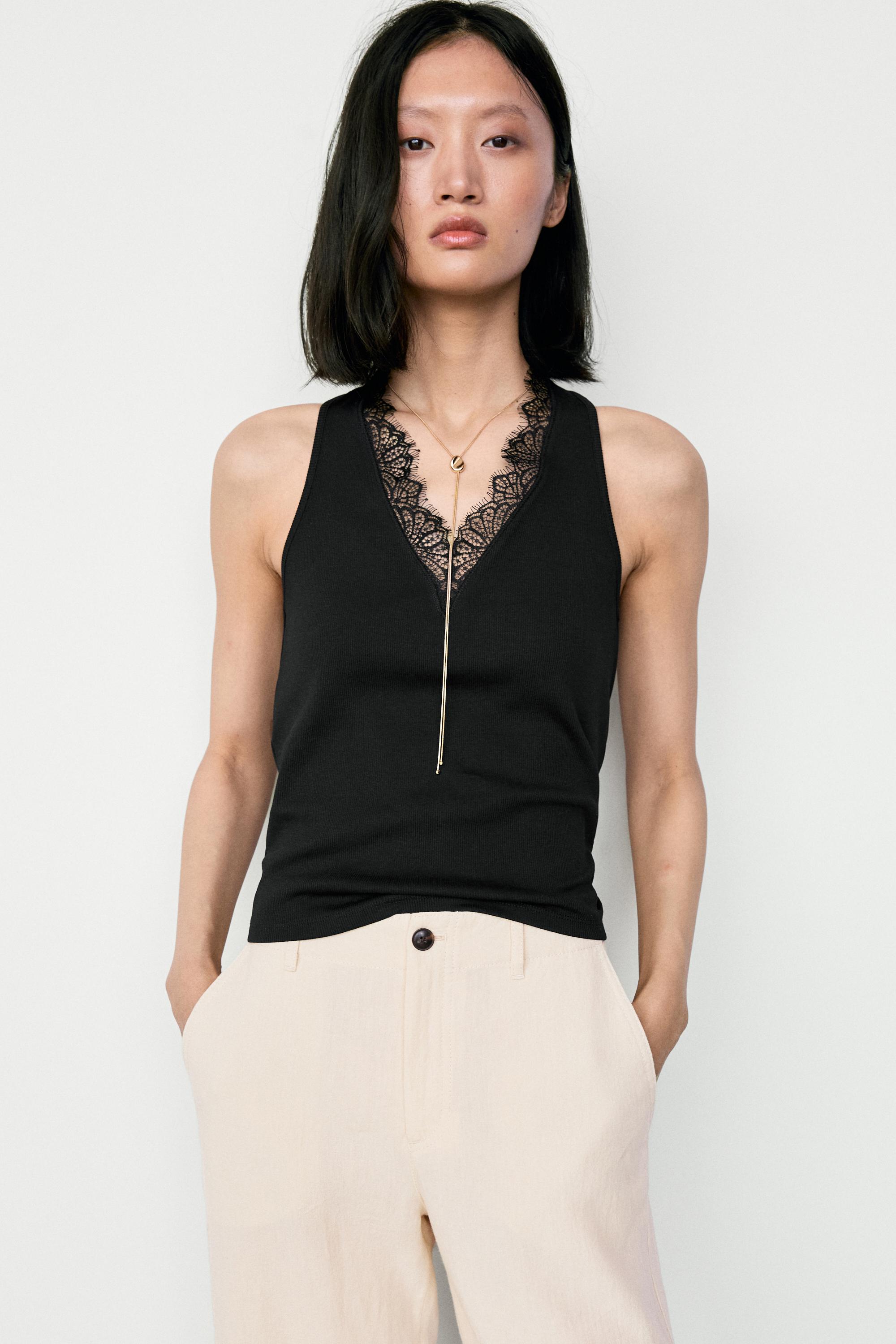 V-neck lace trim camisole top — BLACK
