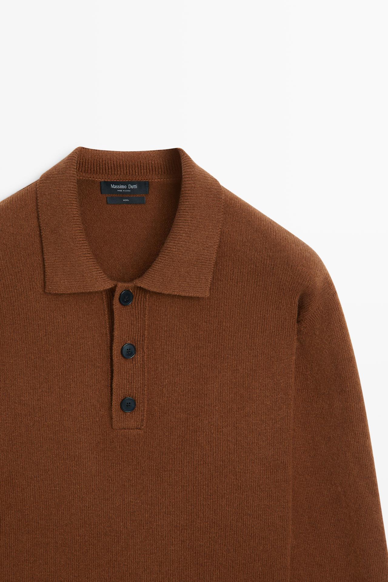 100% wool knit polo sweater with button detail — TOFFEE
