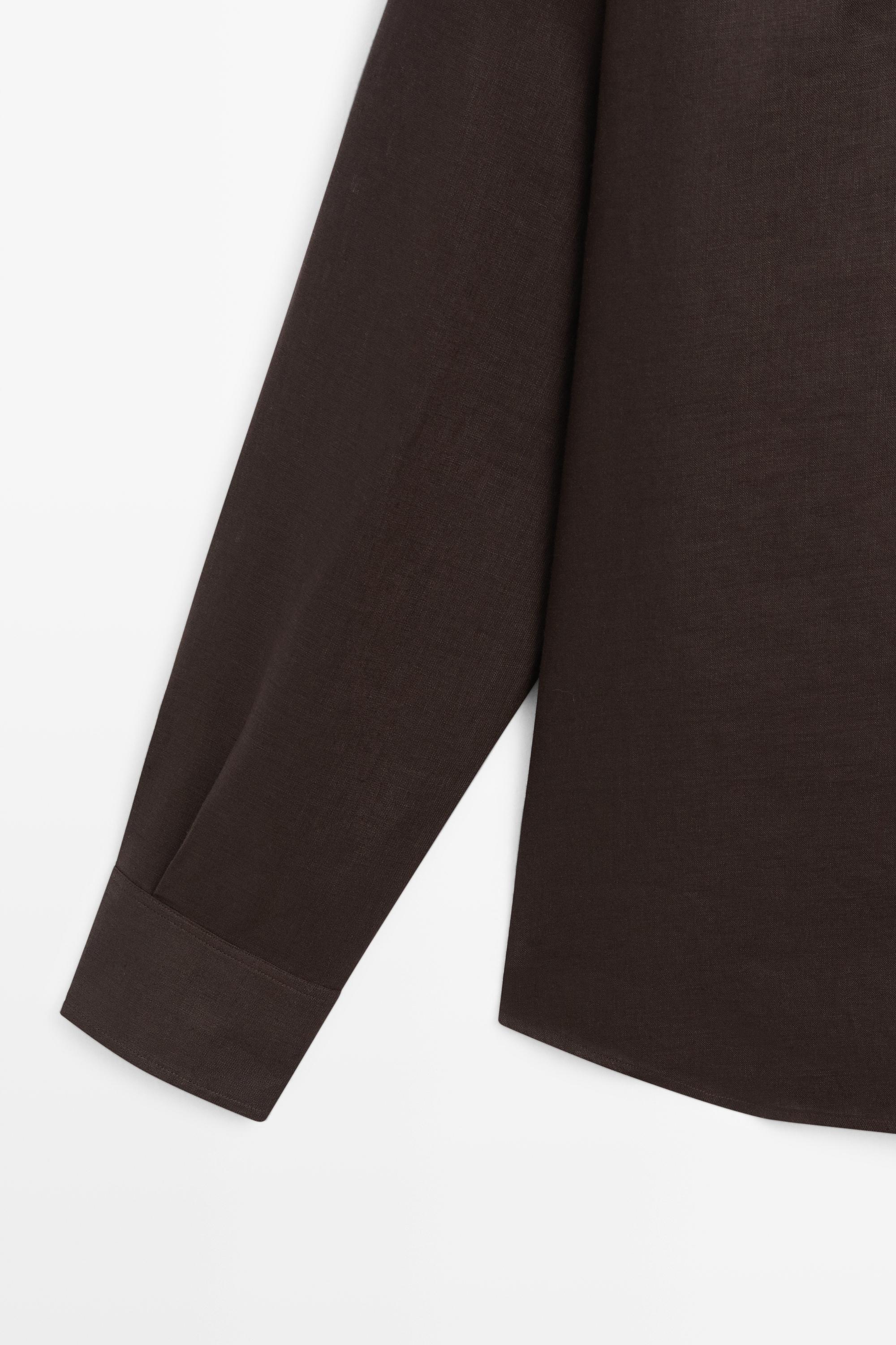 Regular fit stand collar 100% linen shirt — Chocolate