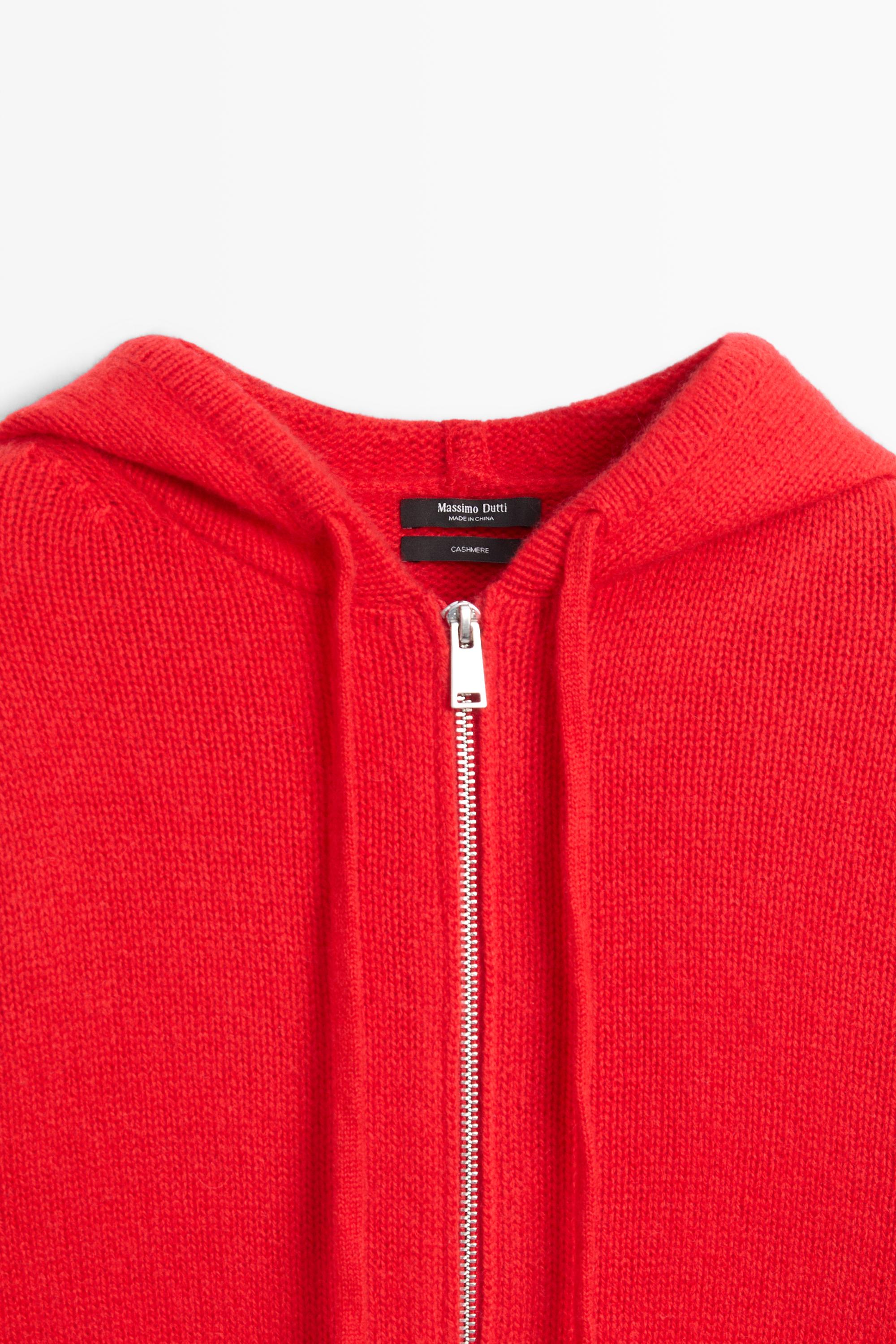 100% cashmere hooded zip-up cardigan — RED