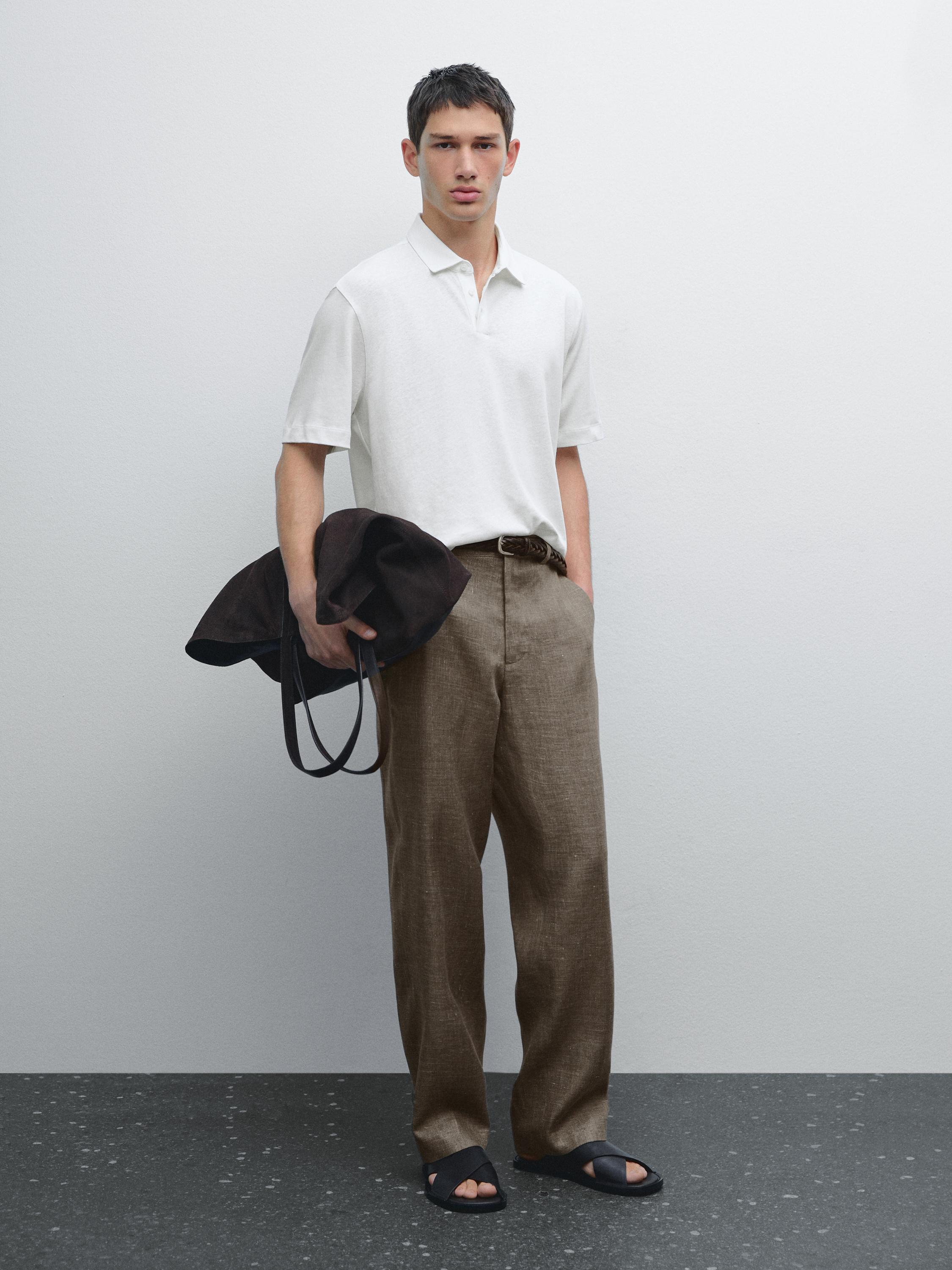 Short sleeve linen blend polo shirt