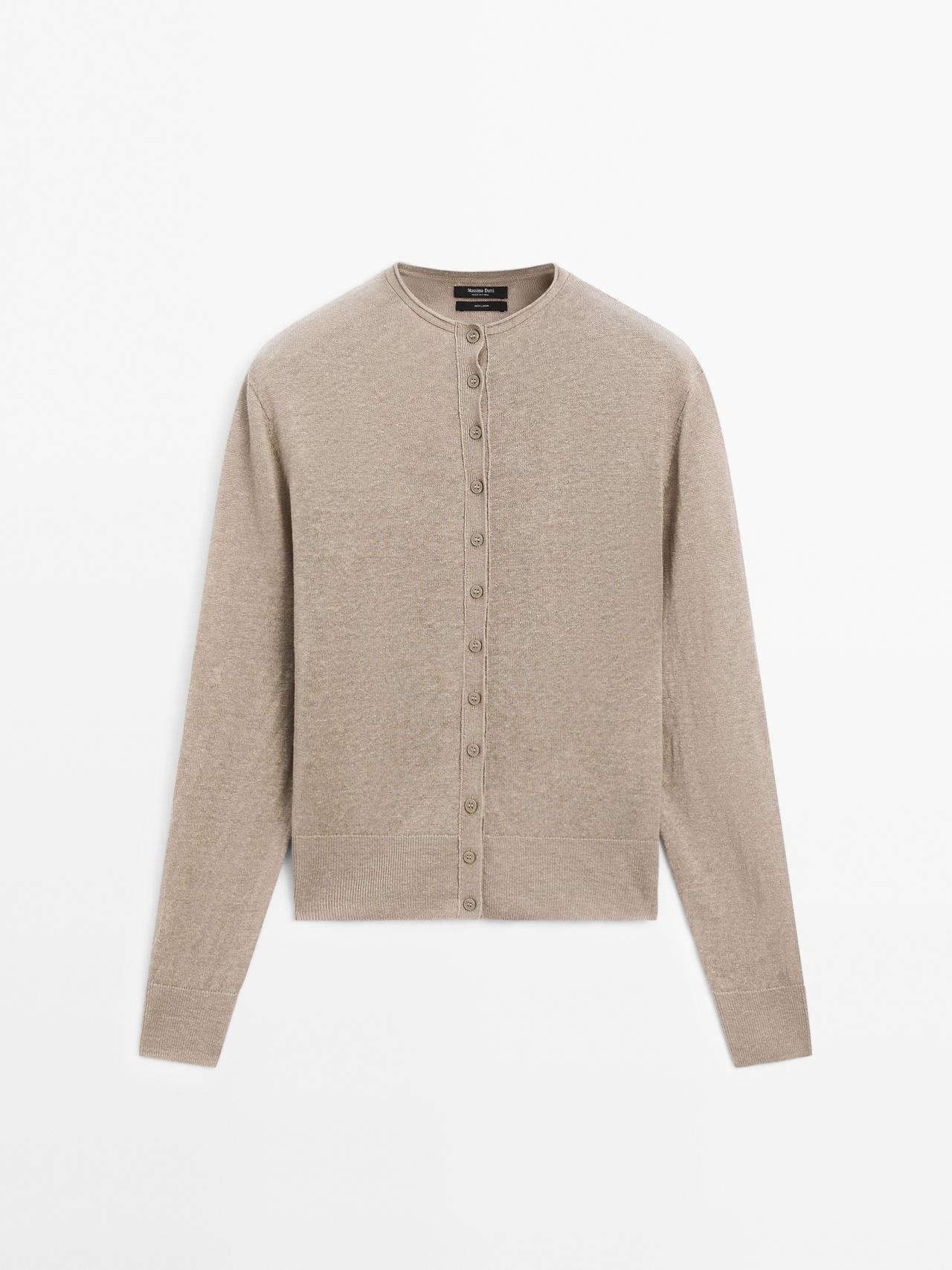 Massimo Dutti - Dame - Let Cardigan I Strik Af 100 % Hør - Brun - M