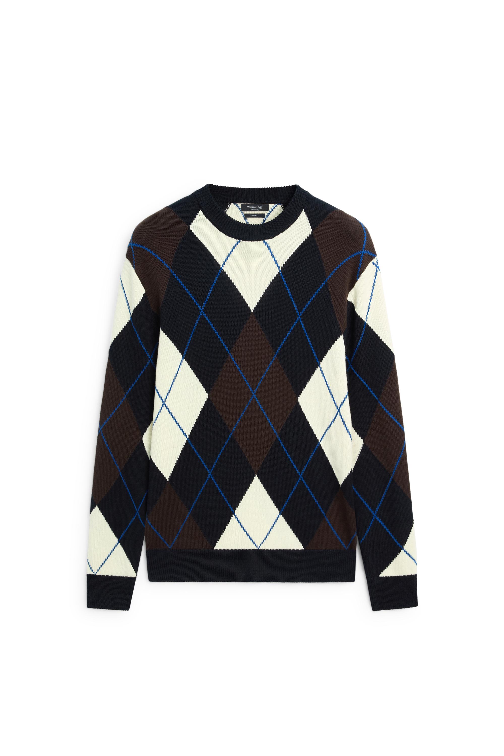 100% Cotton Argyle Knit Sweater — NAVY BLUE