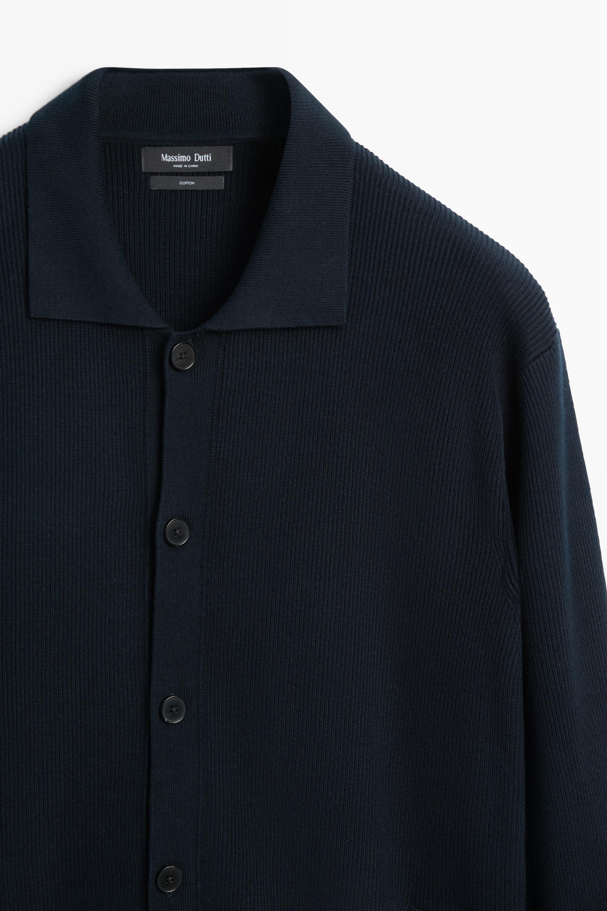 100% cotton polo collar knit cardigan — NAVY BLUE