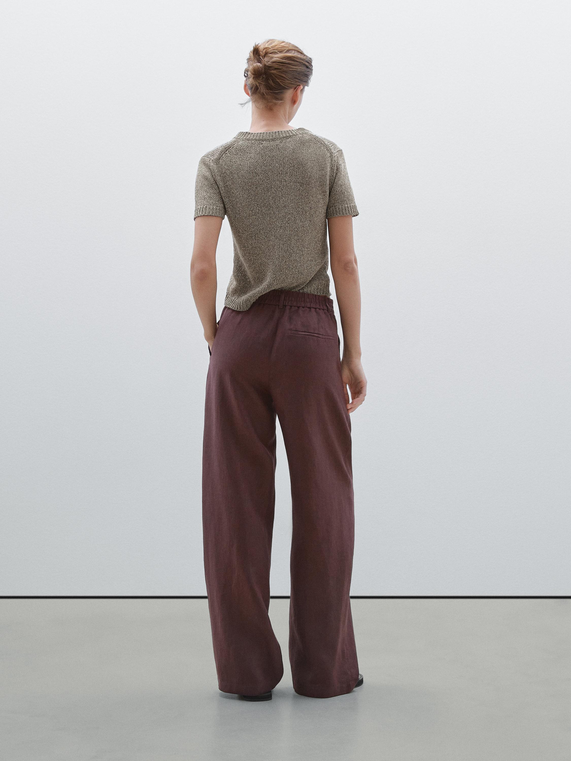 100% linen wide-leg elastic detail trousers