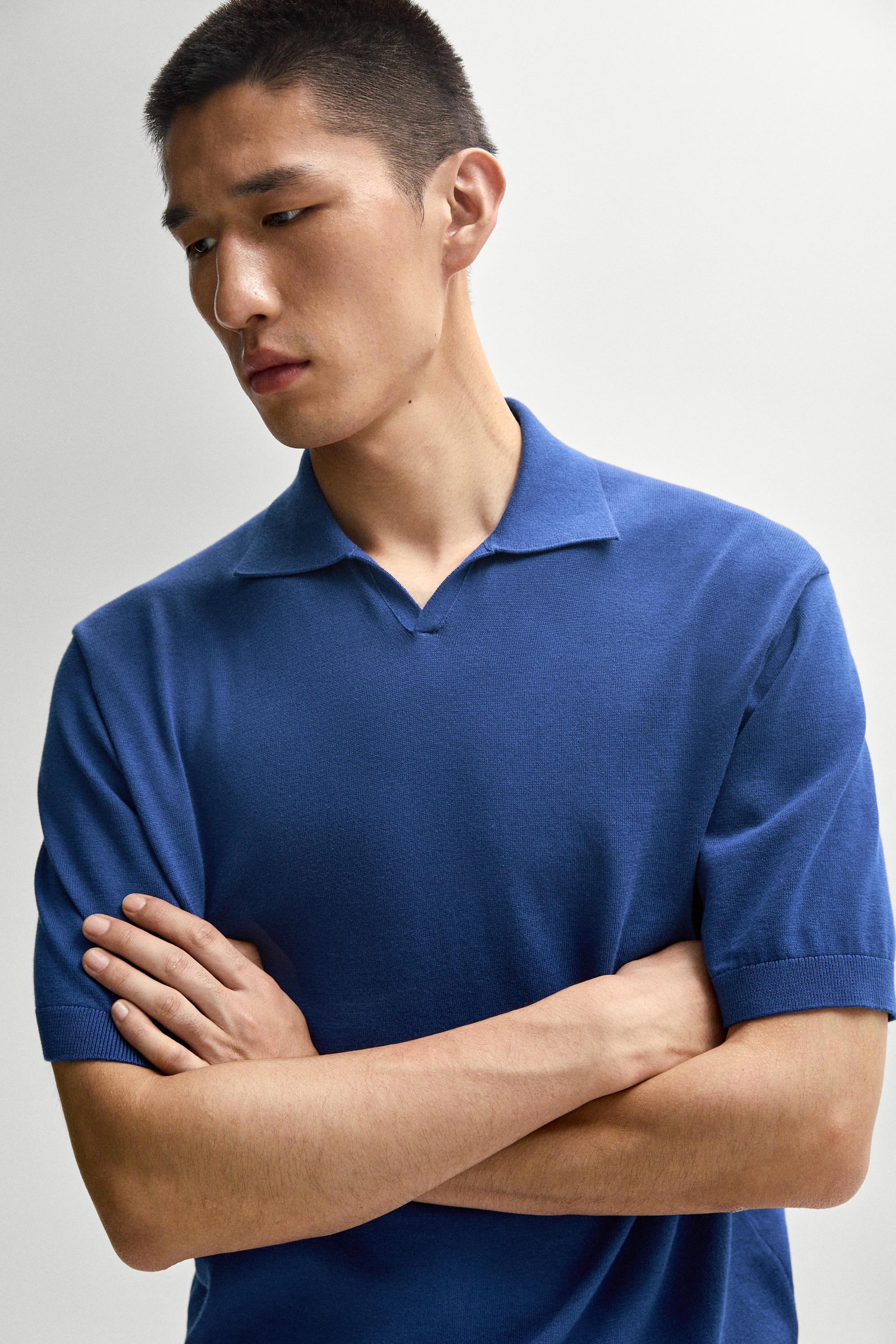100% cotton V-neck knit polo — Electric blue