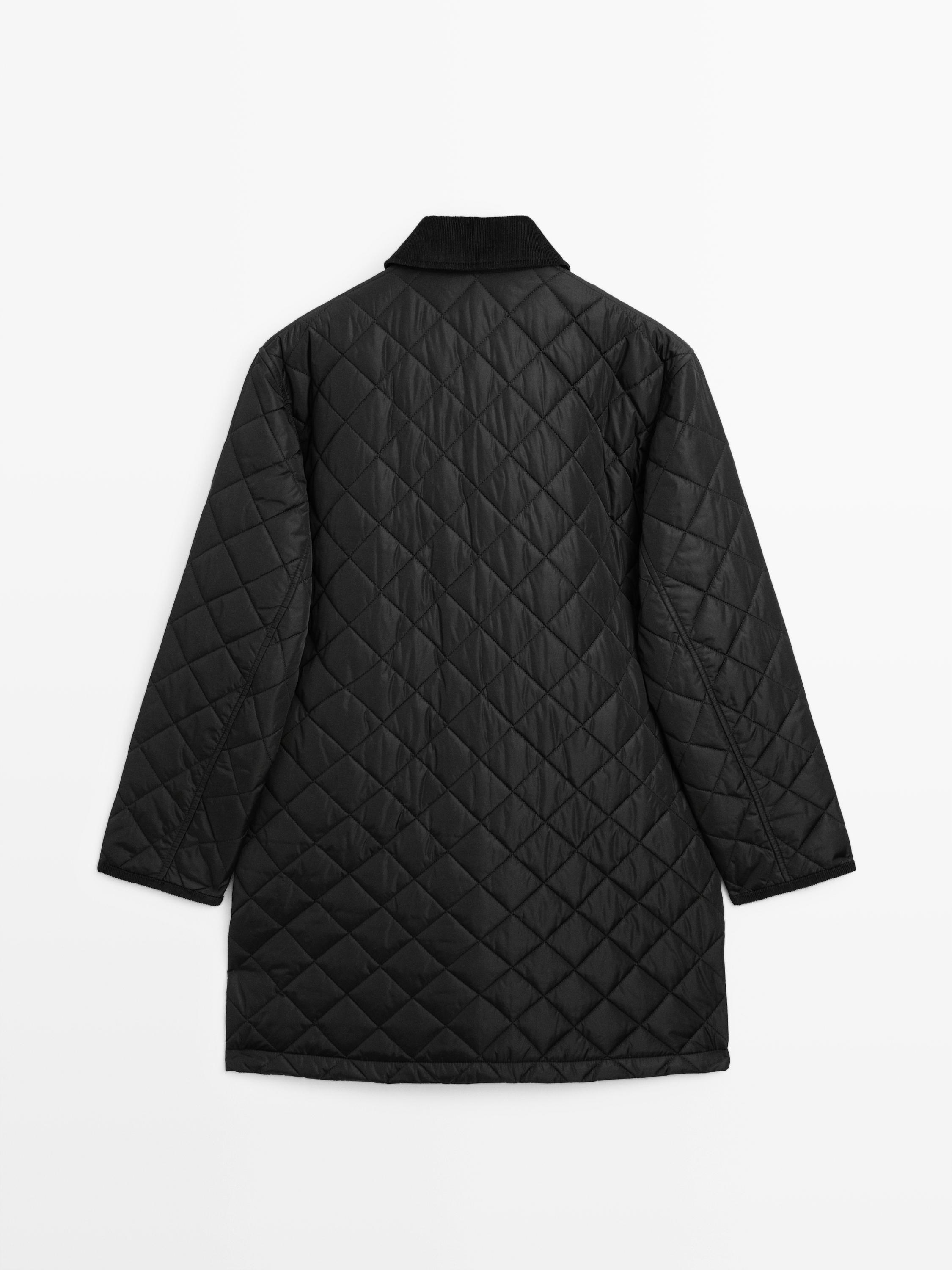 Long lightweight puffer jacket with corduroy detail