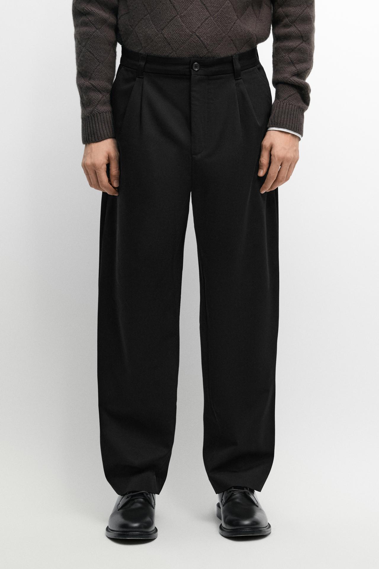 Pants with double pleats, 100% cotton — BLACK