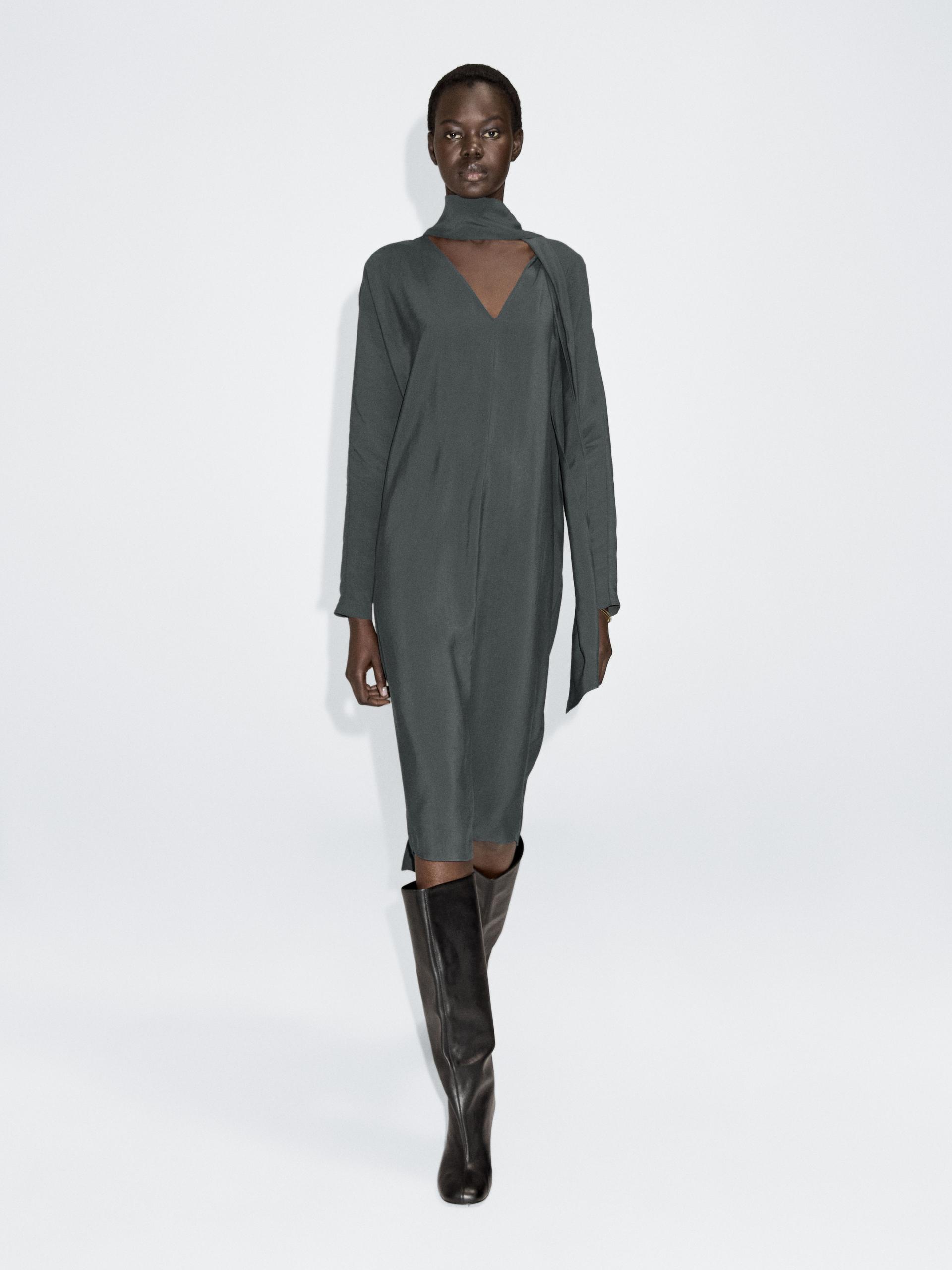 Vestido Midi Escote Pico Lazada - Azul Gris - L - Massimo Dutti - Mujer