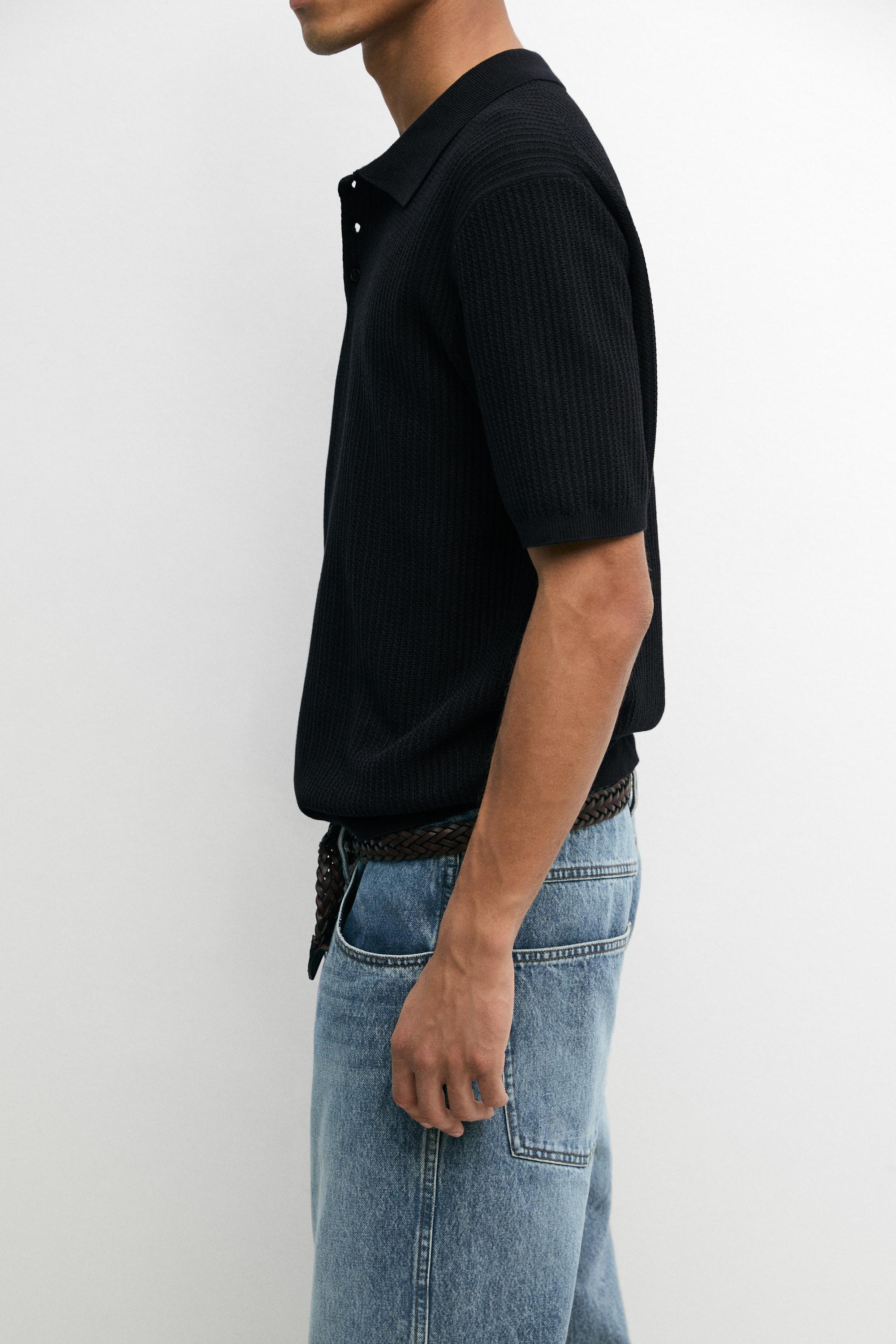 100% cotton textured knit polo sweater — NAVY BLUE