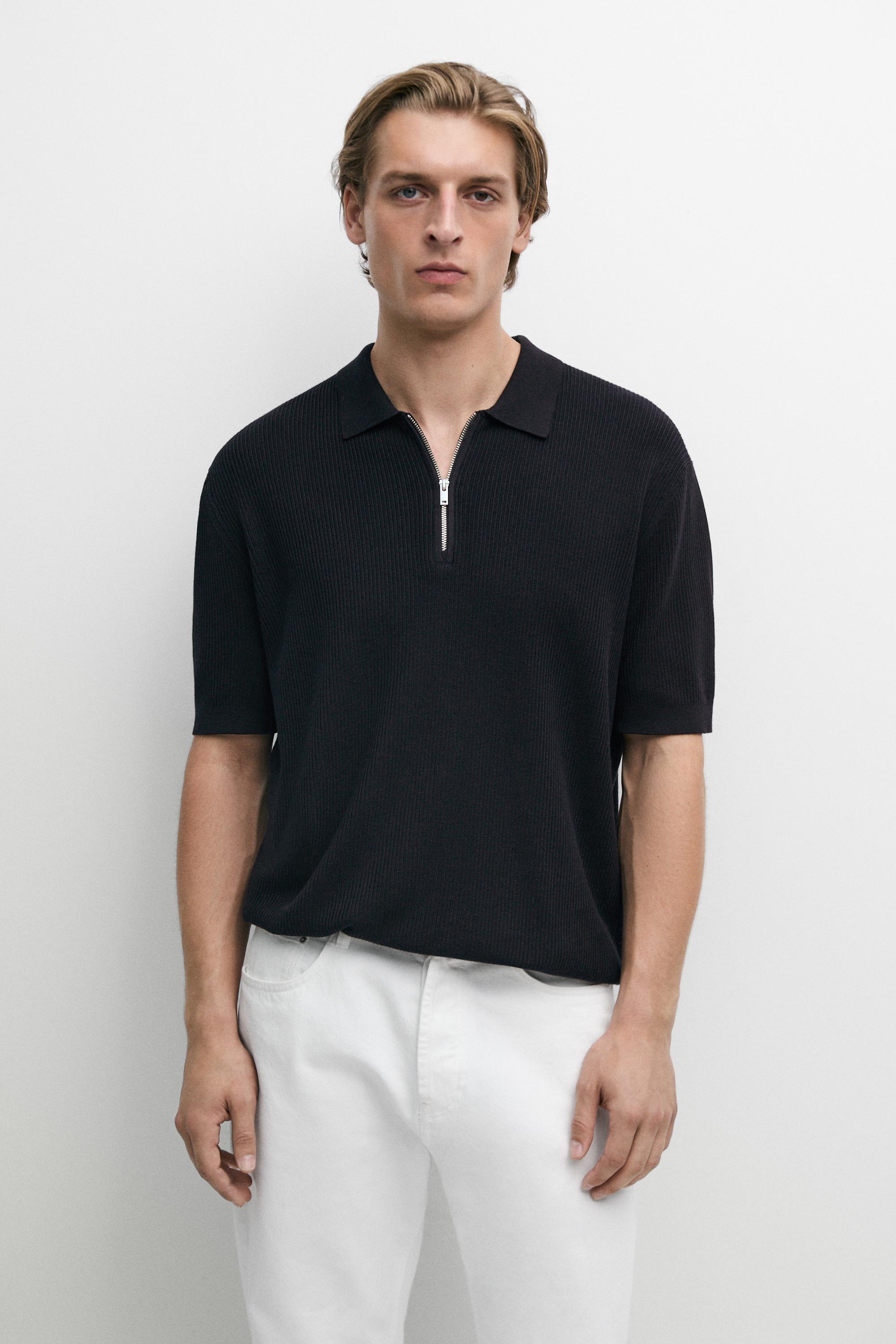 Knit polo sweater with quarter-zip collar — NAVY BLUE