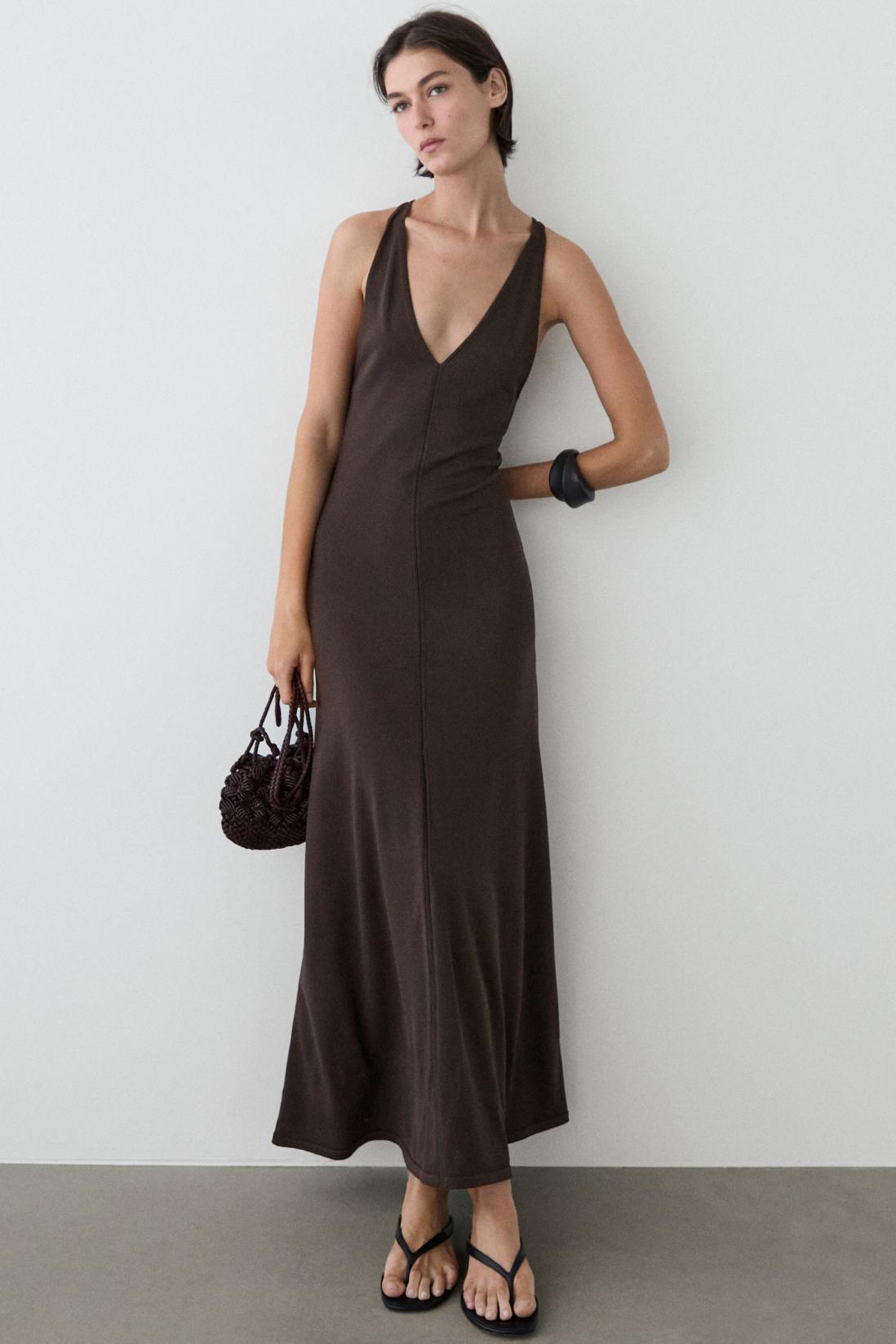 Flowing V-neck midi dress — BROWN