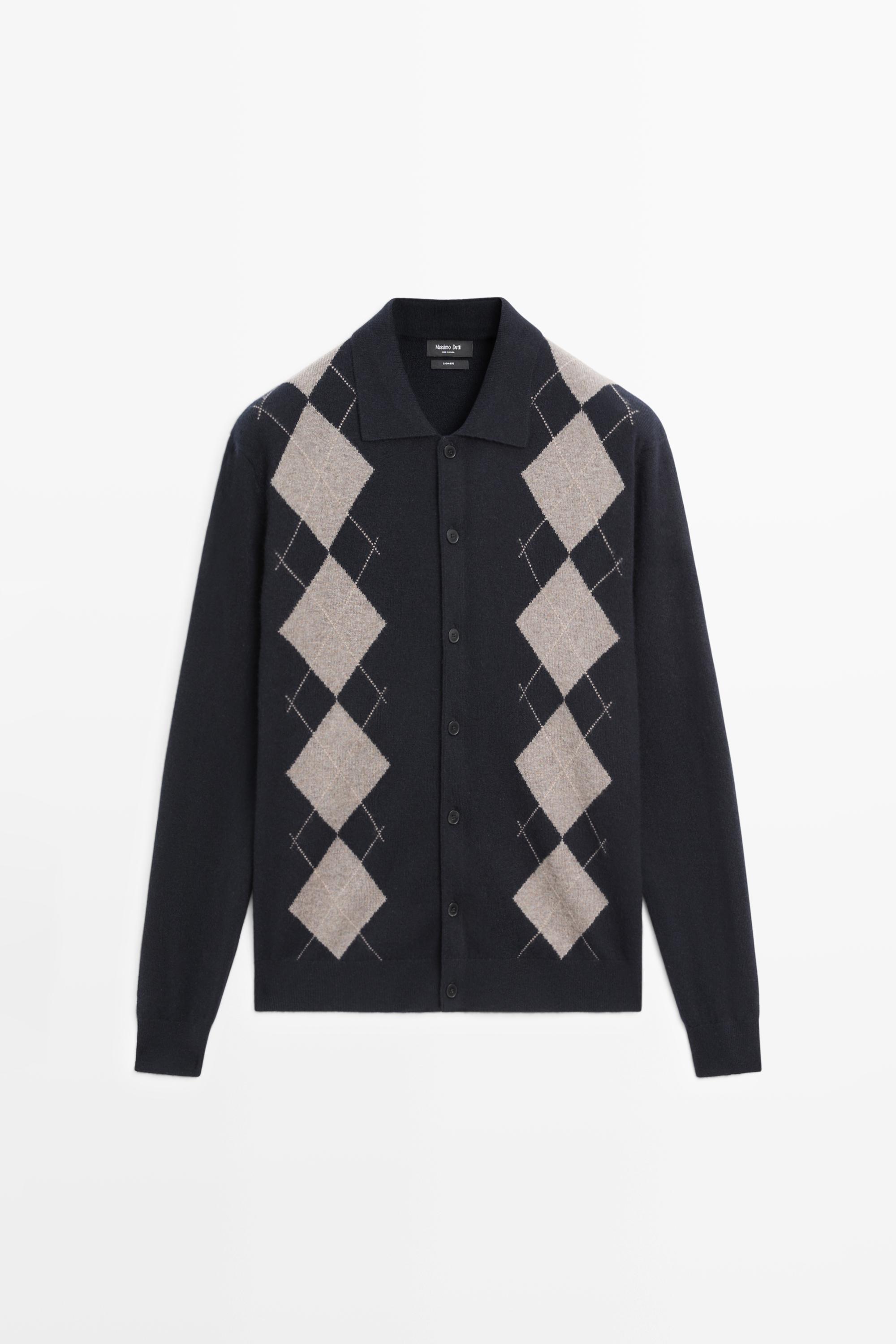 100% cashmere argyle knit cardigan — NAVY BLUE