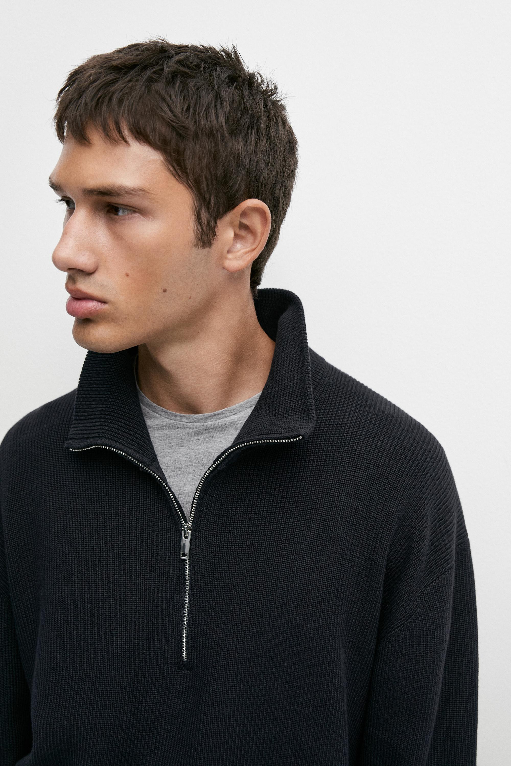 100% cotton mock neck knit sweater — NAVY BLUE