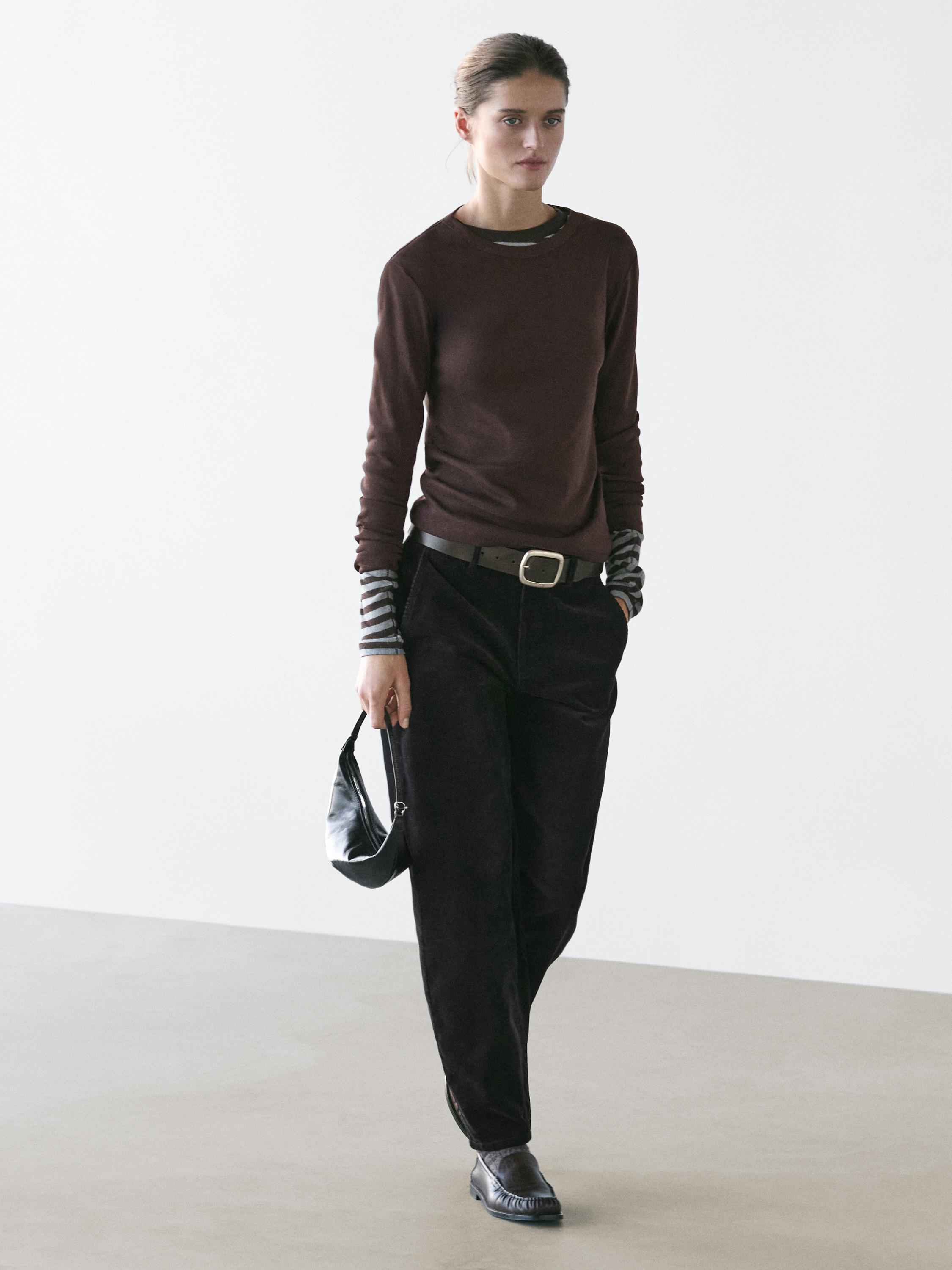 Ribbed long sleeve melange T-shirt — BROWN