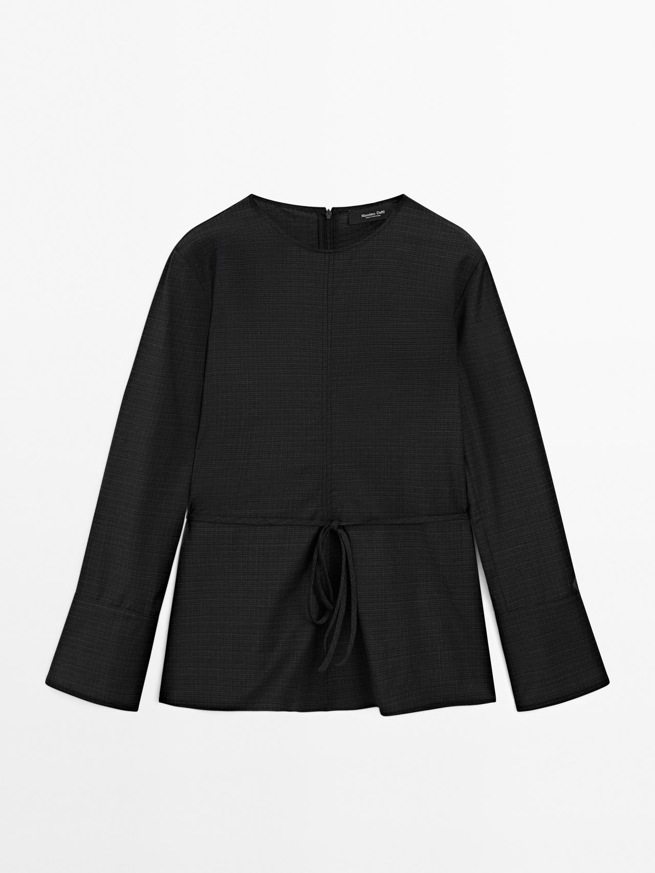 Massimo Dutti - Dame - Bluse I Uldblanding Med Bælte - Sort - 34