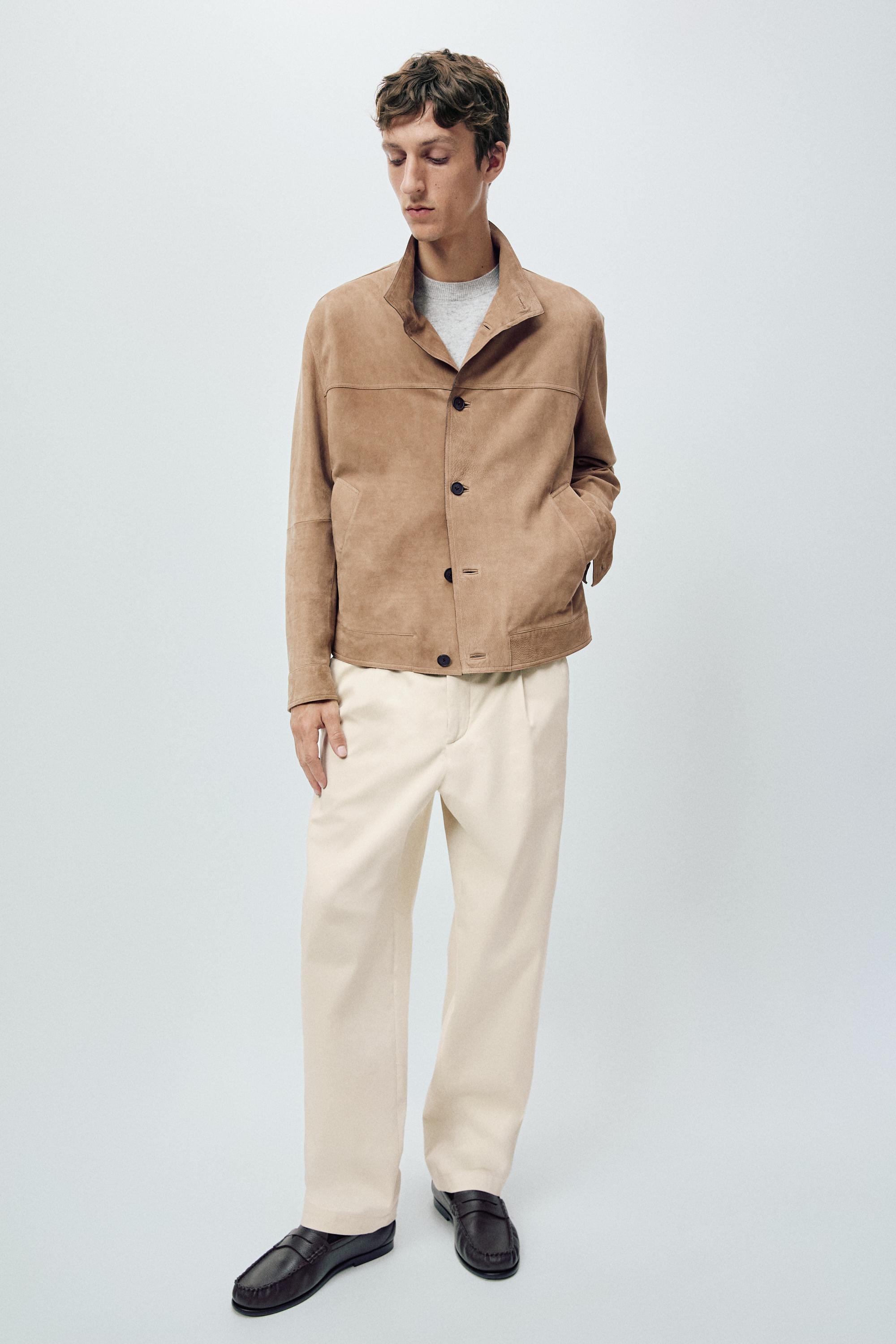 Nubuck leather jacket with stand-up collar — BEIGE