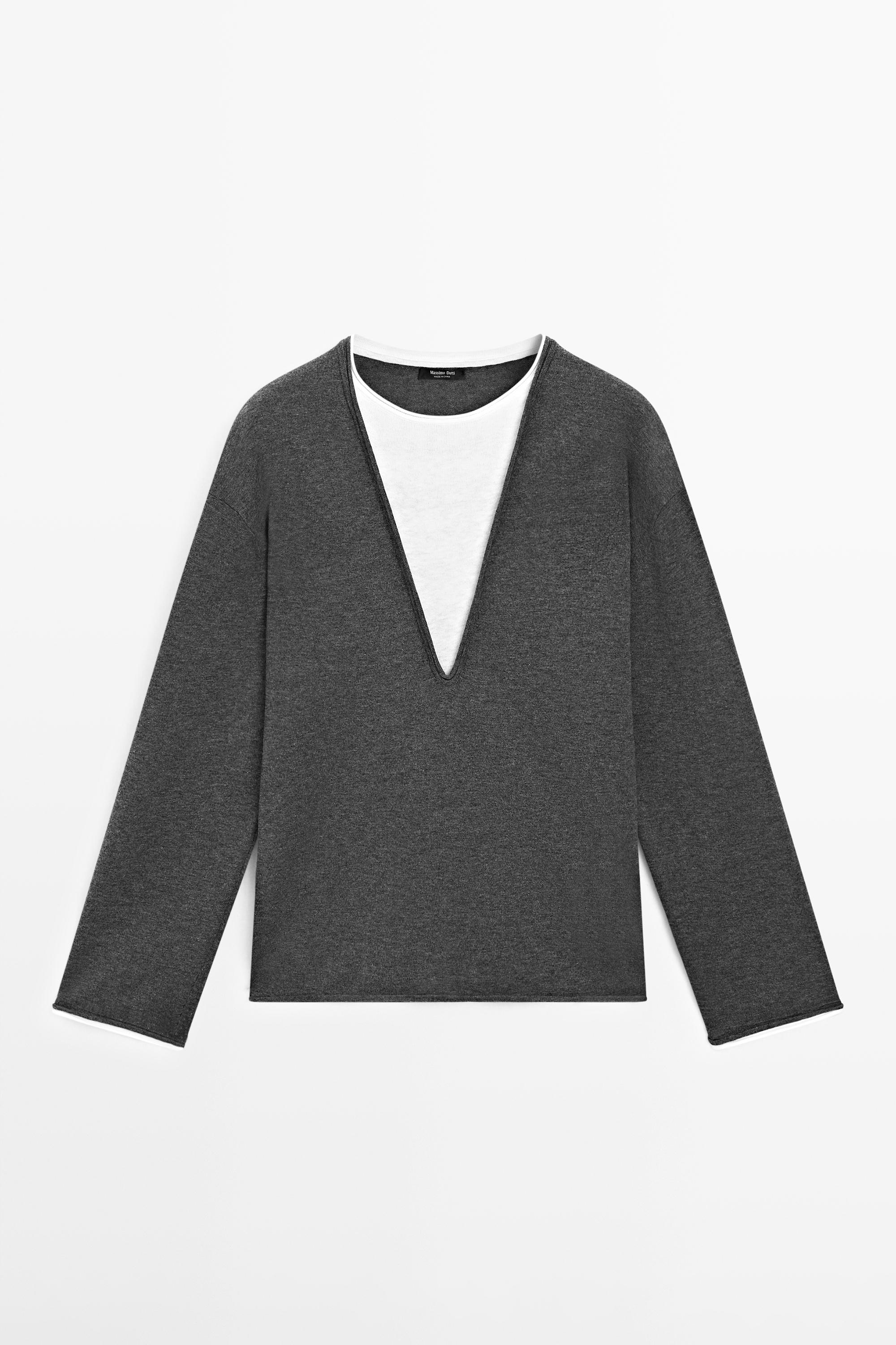 Cotton blend knit sweater with contrast fabric — CHARCOAL
