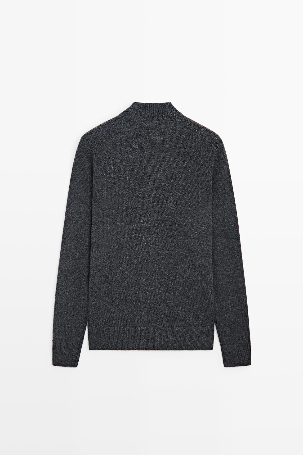 Wool blend mock neck knit cardigan — DARK GREY