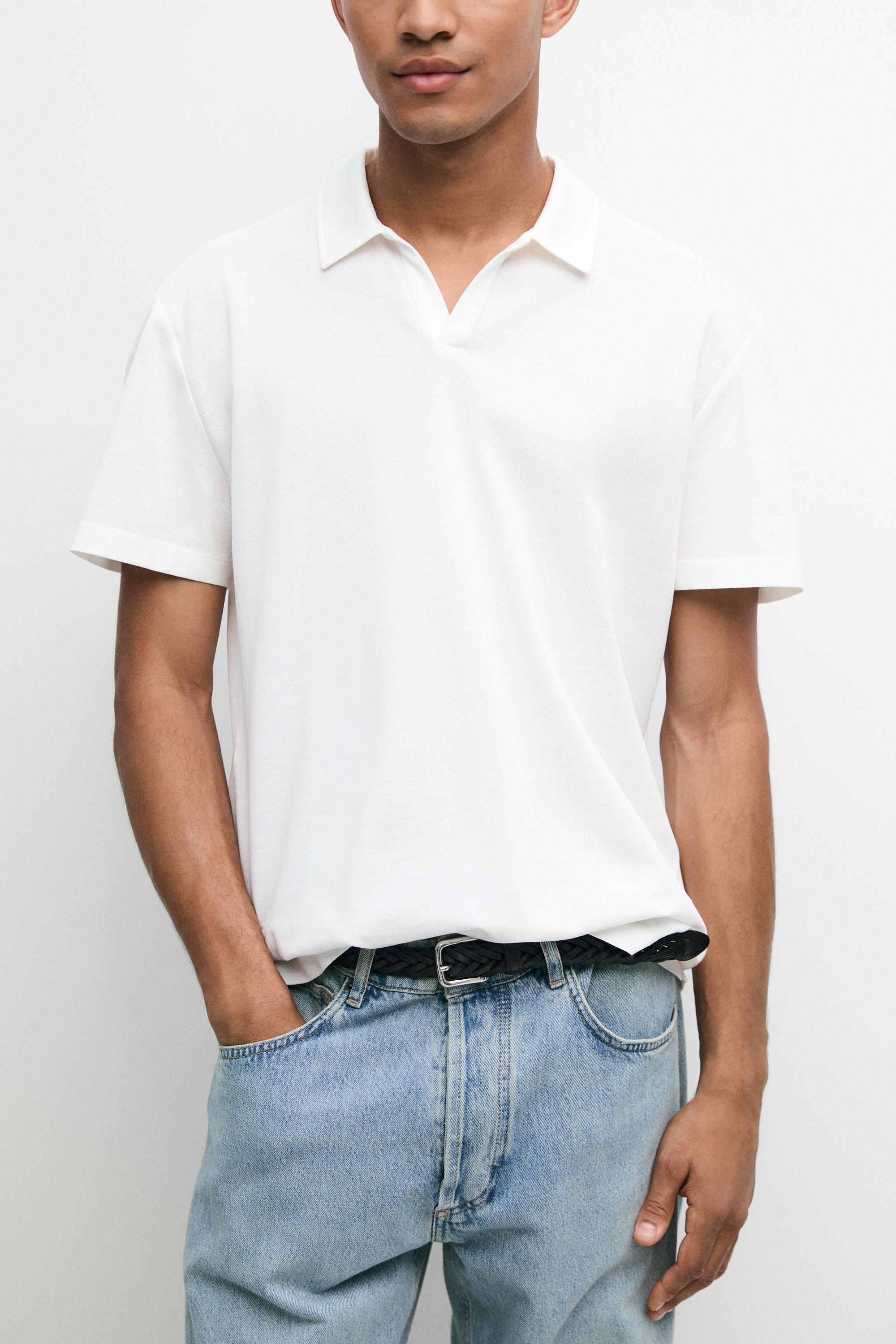 Micro-textured V-neck piqué polo shirt — WHITE