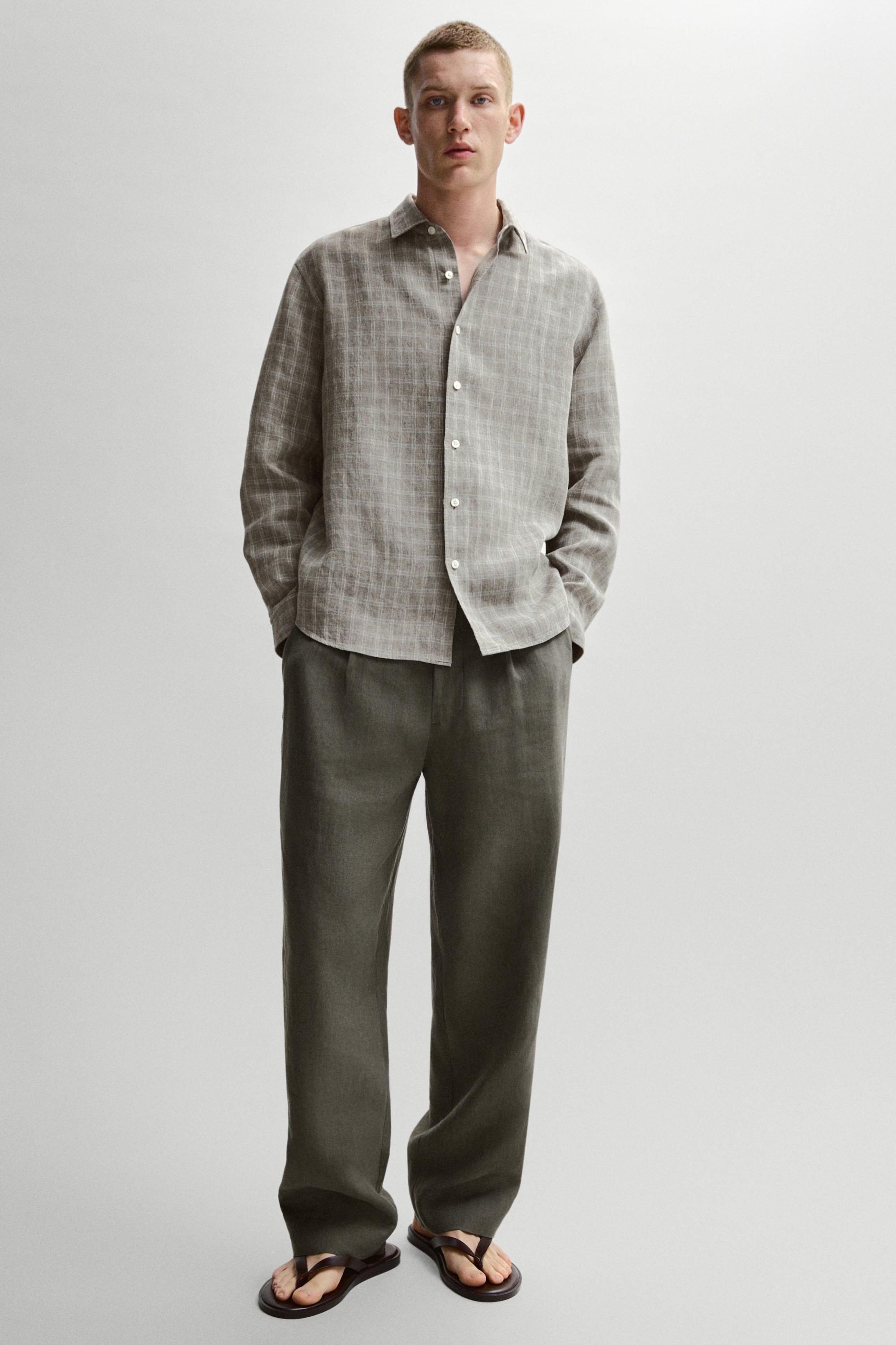 100% linen check shirt — GREY