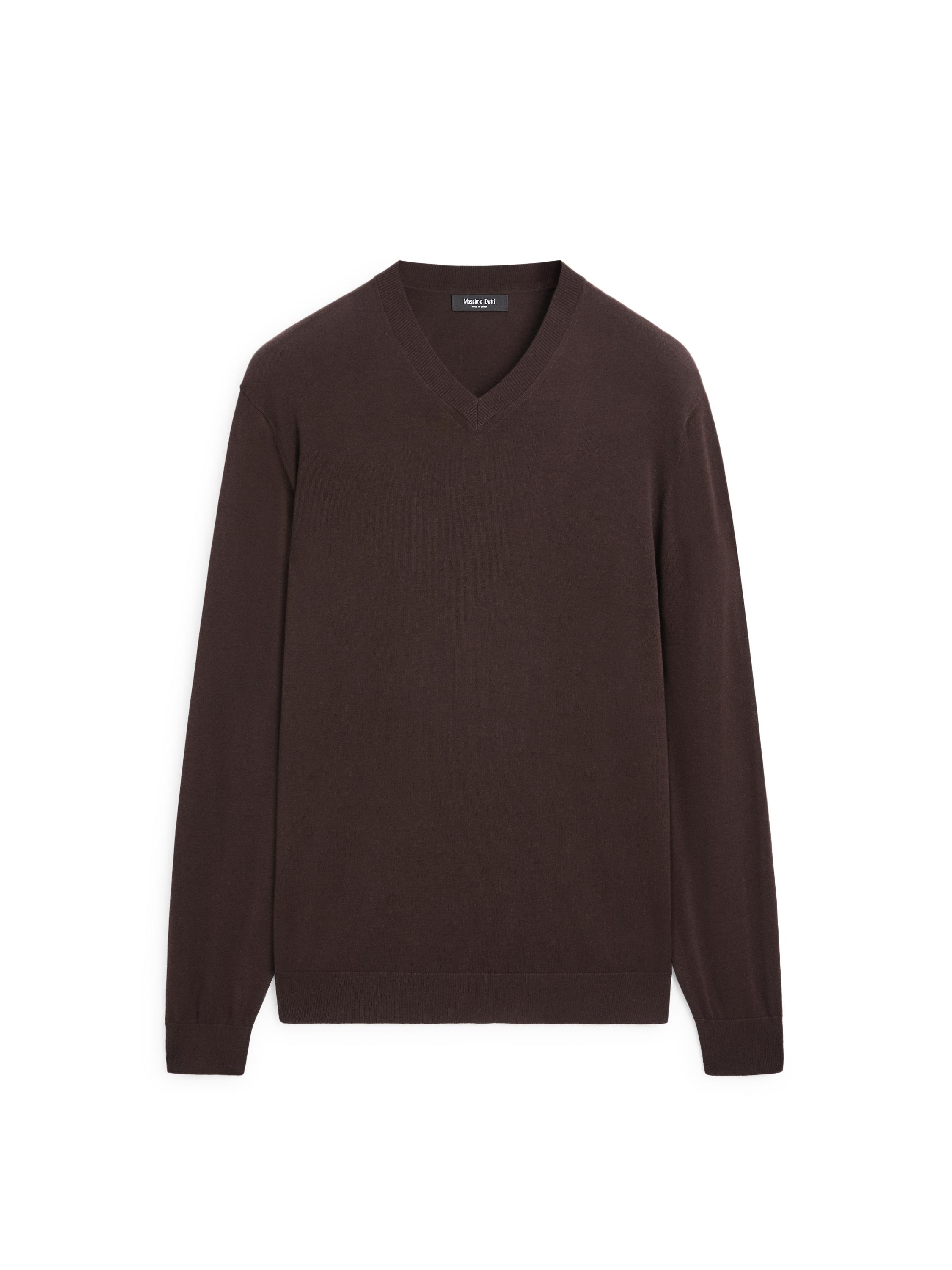 Cotton blend V-neck knit sweater — BROWN